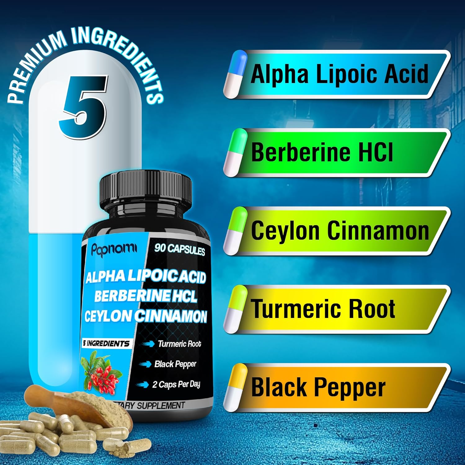 Papnami 5-In-1 Alpha Lipoic Acid Supplements | Blended with Berberine Hcl, Ceylon Cinnamon, Turmeric & Black Pepper | Support Natural Antioxidant | 90 Count image number 1