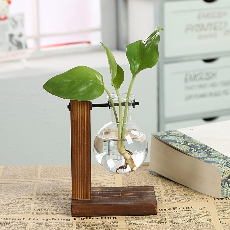 Wooden Stand Glass Flower Vase Hydroponic Hanging Plant Terrarium Container, Modern Hanging Flower Container image number 3