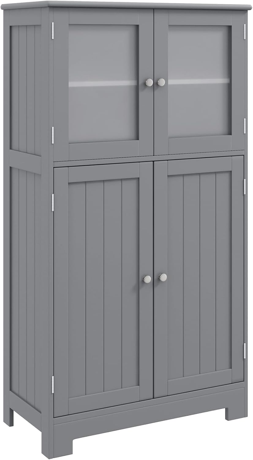 Giantex Bathroom Storage Cabinet, Kitchen Pantry Cabinet W/Tempered Glass Doors & Adjustable Shelf, Freestanding Wooden Floor Cabinet W/Anti-Toppling Device for Dining Room & Living Room (White)