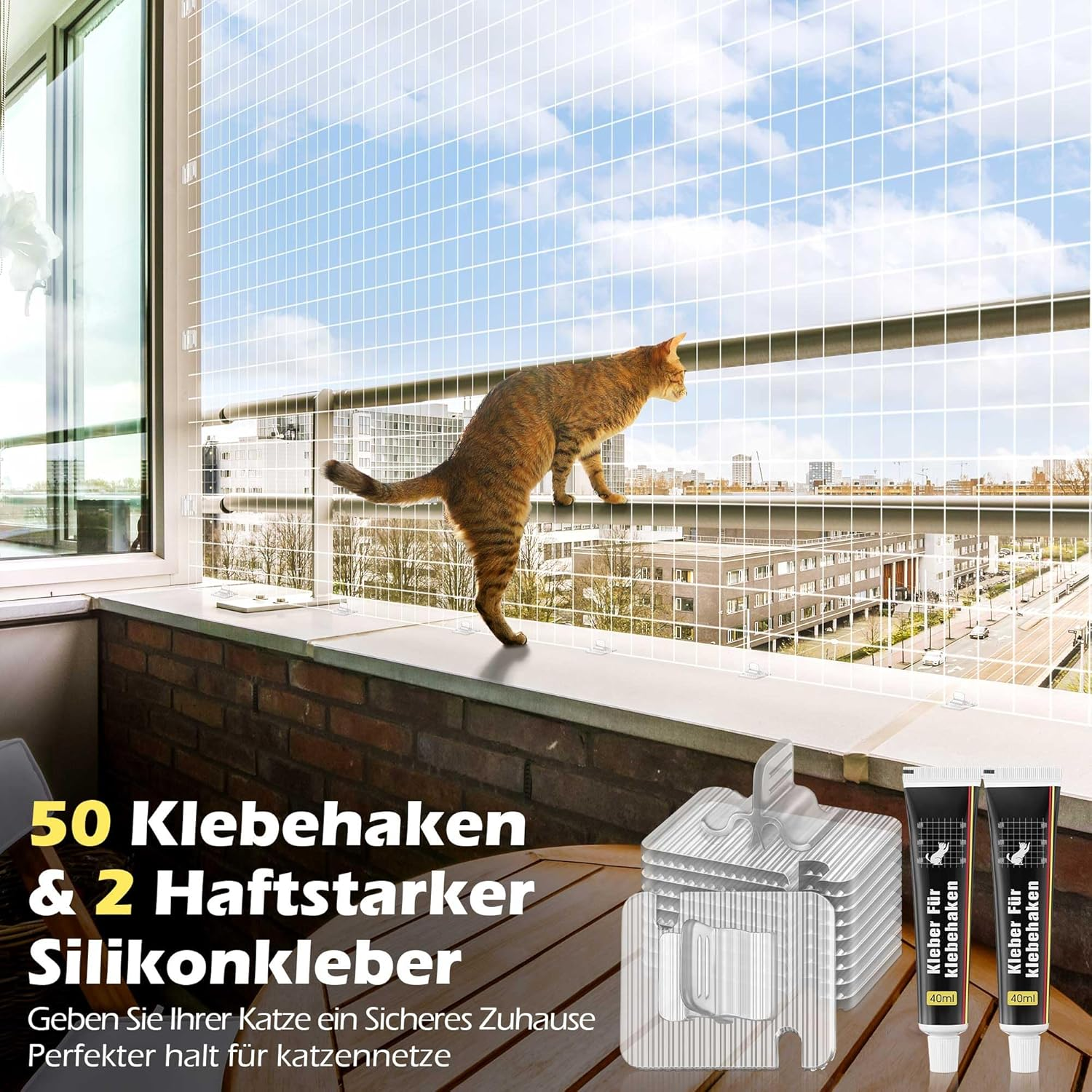 Enhon Pack of 50 Adhesive Hooks for Cat Net for Balcony, with 2 X 40 Ml Mounting Adhesive, Extra Strong, Transparent PC, Uv-Resistant, Attachment of Cat Net Window for Balcony, No Drilling image number 2