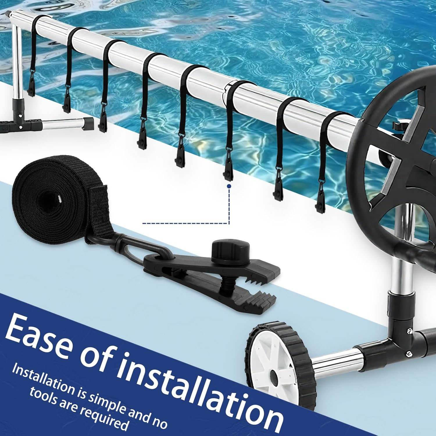 24Pcs Pool Solar Cover Reel Attachment Adjustable Strong Grip Pool Solar Blanket Strap Kit for Outdoor Garden Yard (Black,1 Set)