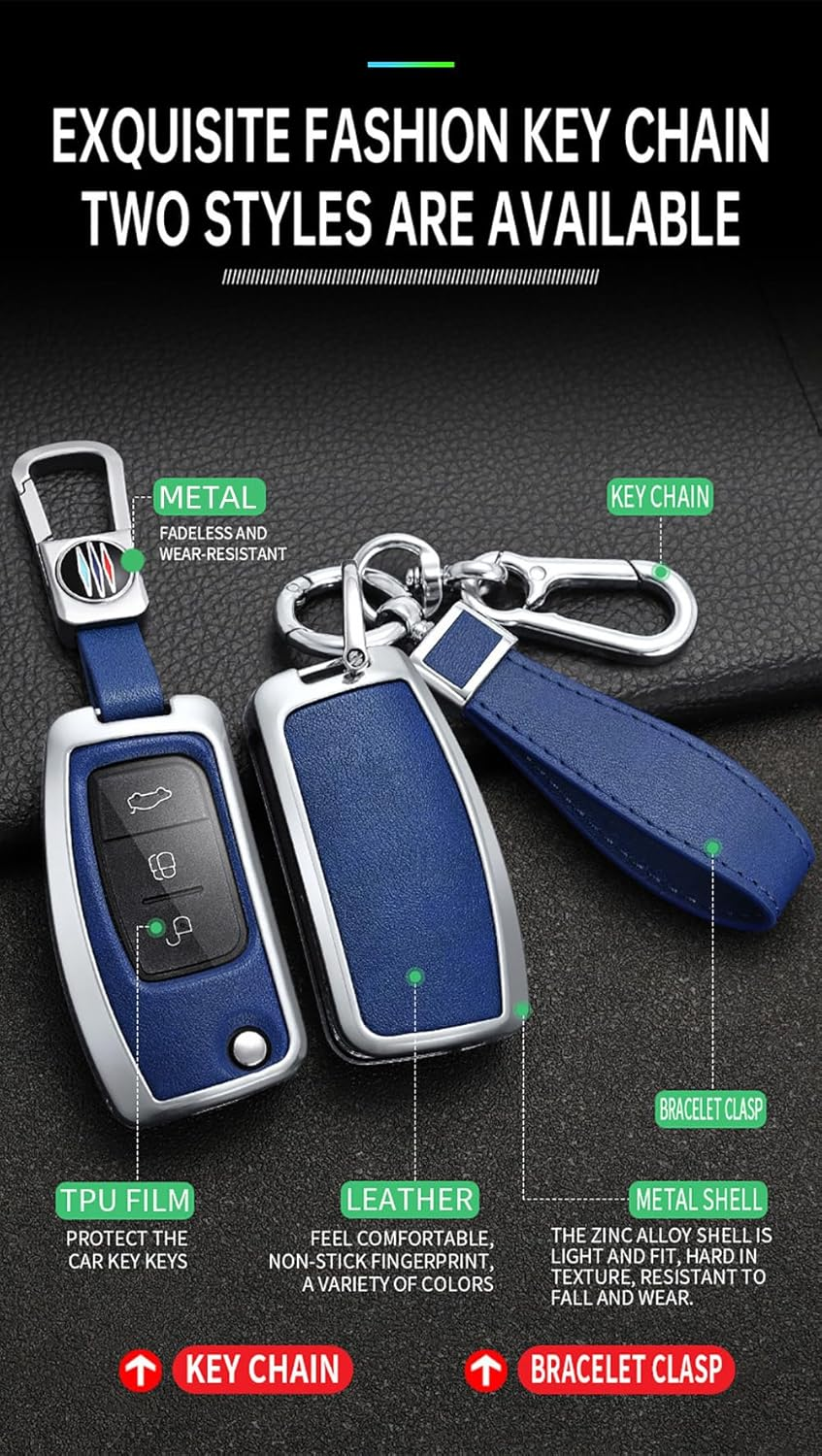 Ontto Alloy Car Key Fob Cover Fit for Ford Focus 2 MK2 Fiesta Mondeo Galaxy Falcon Territory Ecosport 3 Buttons Smart Leather Key Case Keyring Key Shell Holder Bag Keychian - Black image number 4