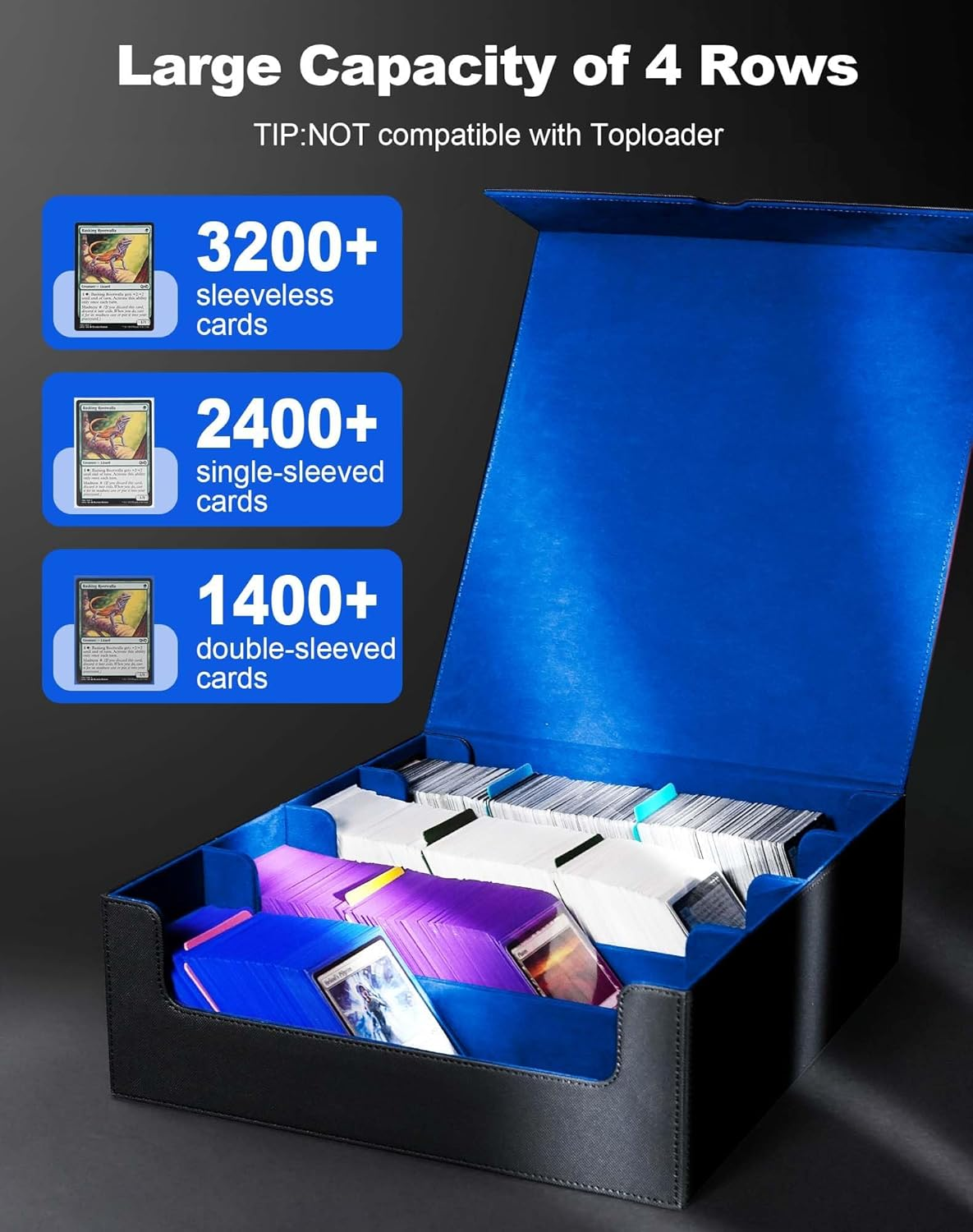 Cardnovux Trading Card Storage Box, Commander Card Deck Case Holds 2400+ Cards, MTG Deck Box with 4 Stoppers, Magic Card Organizer for TCG PTCG Cards (Black & Blue) - Black  Purple image number 2
