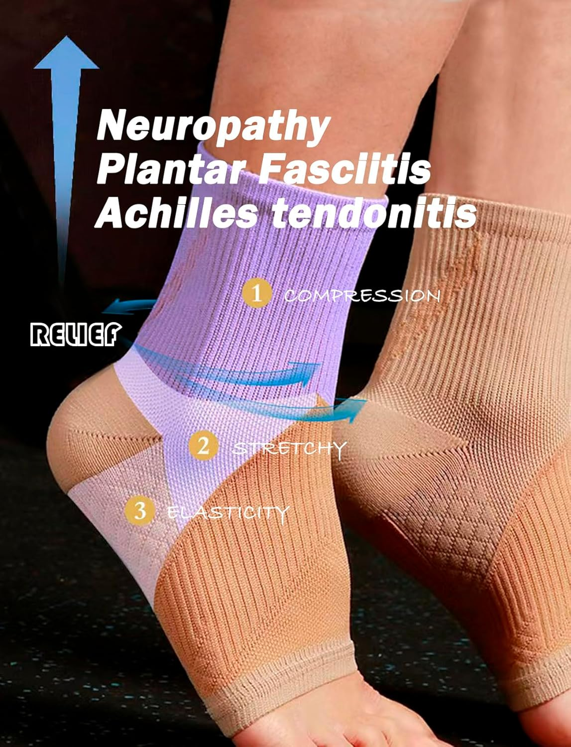 Rolxmed Ankle Support Brace Compression Sleeves for Plantar Fasciitis Neuropathy Relief Sport Socks for Men & Women (1Pair) (Black, L) image number 4