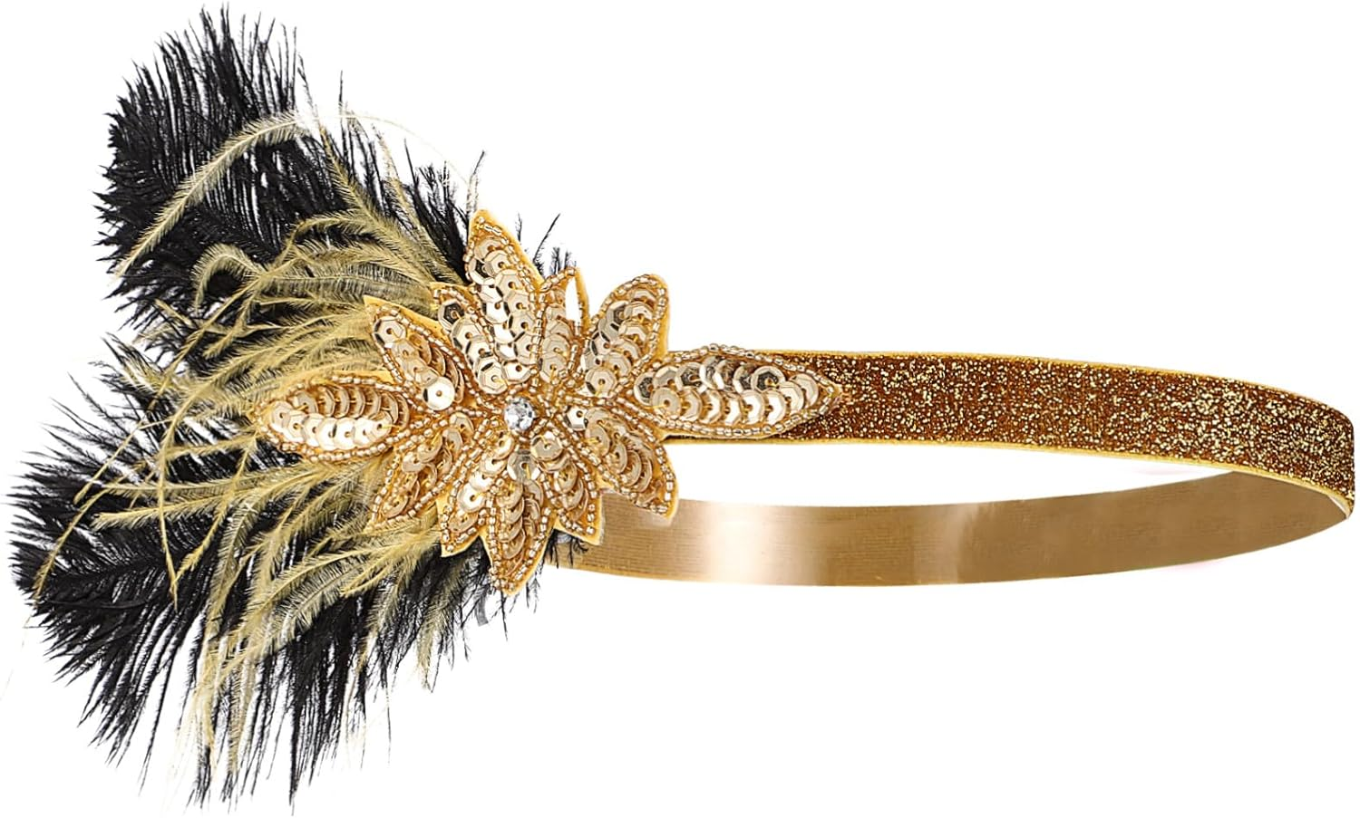 FONDOTIN Vintage Flapper Headband with Golden Feathers and Rhinestones, Elastic Hair Accessory for Women, Suitable for Years Parties, Weddings and Costume Parties