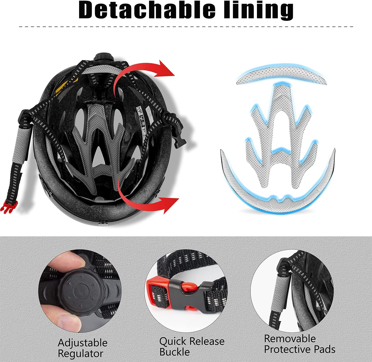Shinmax Bike Helmet Men Women with Detachable Magnetic Goggles and LED Rear Light,Cpsc CPC Certificated Bicycle Helmet Adjustable Size Road Mountain Bike Helmet Lightweight Cycling Helmet SM-T13 - Black Green Titanium image number 3