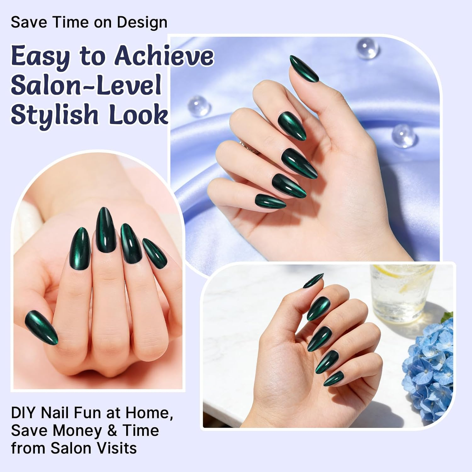 24 Pcs Press on Nails Short Almond, Press on Nails with Glitter Magnetic Cat Eye False, Handmade Short Press on Nail, Stiletto Jelly Stick on Nail for Daily Wear & Party Decor (Emerald Green)