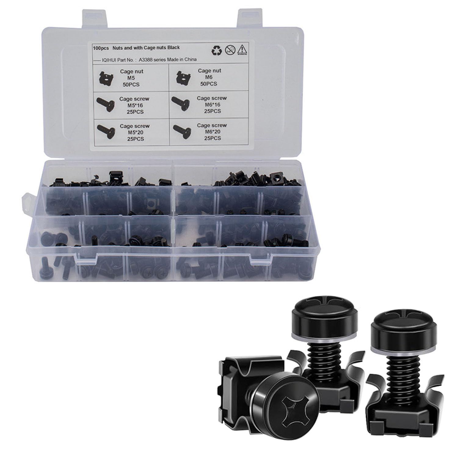 Shengsenfu 100Pcs/200Pcs M5 M6 Cage Nuts Screws and Washers Set - Metric Square Hole Hardware for Server Racks, Cabinets & Shelves, Black Upgraded Box for Routers and Rack Mount Accessories image number 2