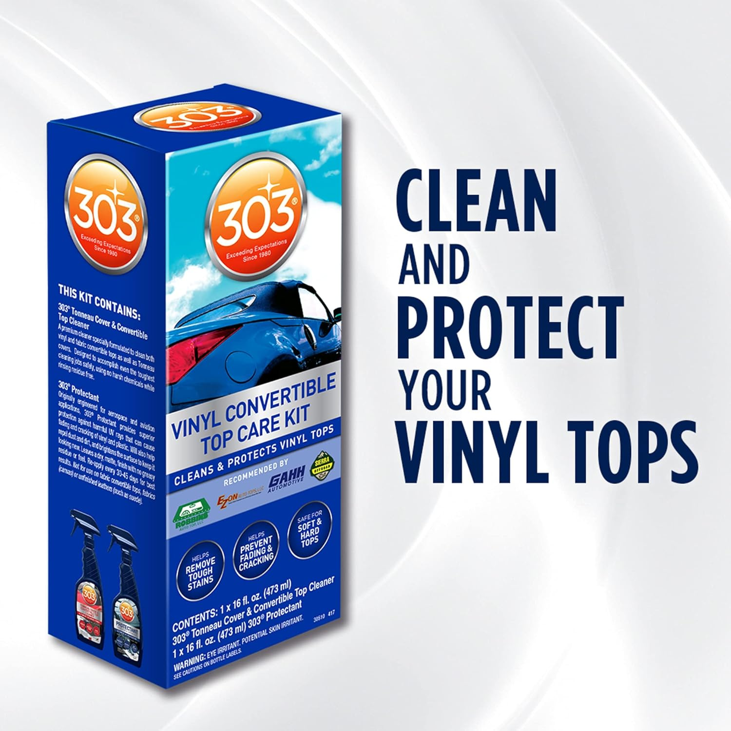 303 Products 30510 Convertible Vinyl Top Cleaning and Care Kit - Cleans and Protects Vinyl Tops - Includes Tonneau Cover and Convertible Top Cleaner 16 Fl. Oz. + Automotive Protectant 16 Fl. Oz.,Blue image number 2