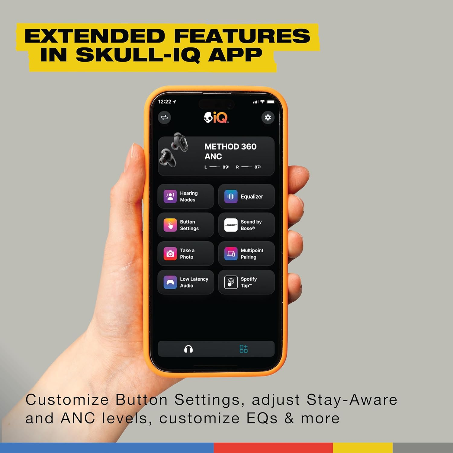 Skullcandy Method 360 ANC Wireless Earbuds, Sound by Bose, Bluetooth Headphones, Premium Noise Cancelling, up to 40 Hours Battery Life, Sweat and Water Resistant with Microphone - Black - Bone image number 4