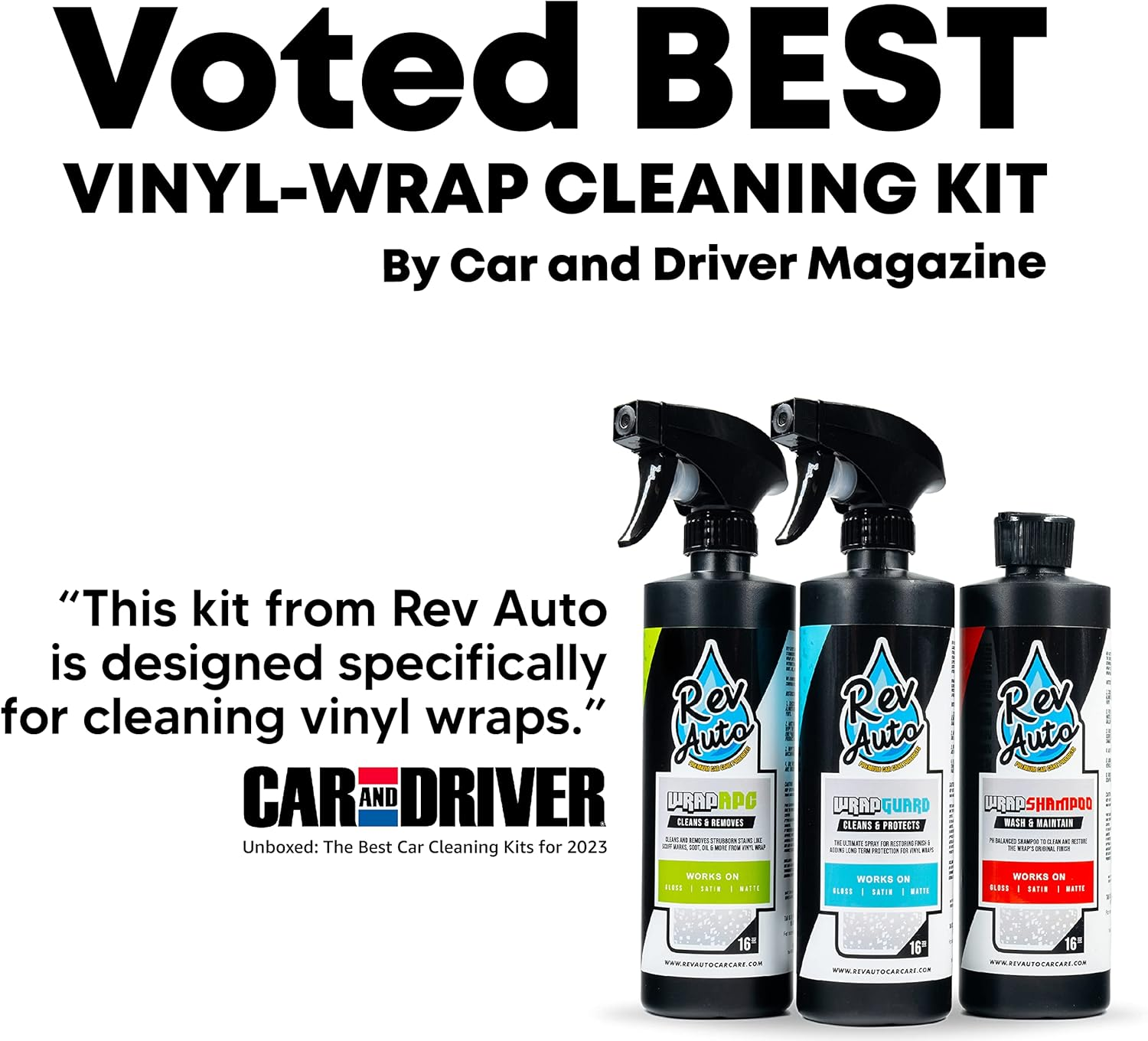 Rev Auto Vinyl Wrap Cleaner Kit &ndash; 3-Item Set Includes Wrap Detailer, Shampoo & Light Stain Remover | Made for Gloss, Satin, Matte, Chrome & More image number 4