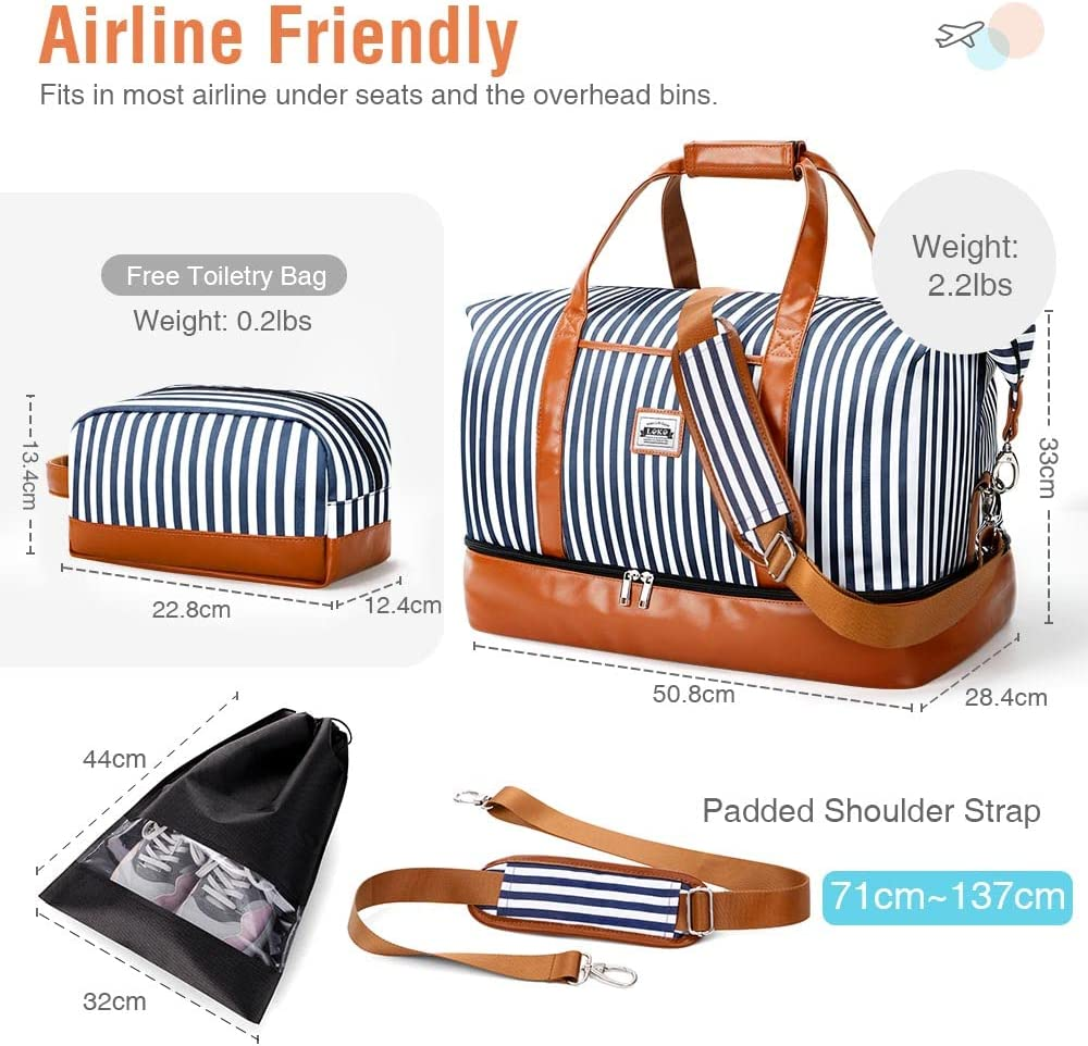 Lekesky Overnight Bag for Women Weekend Bag with Shoes Bags Toiletry Bag Shoes Compartment Weekender Bag Trave Duffle Bag, A-Blue Striped, 50L, Travel Bag