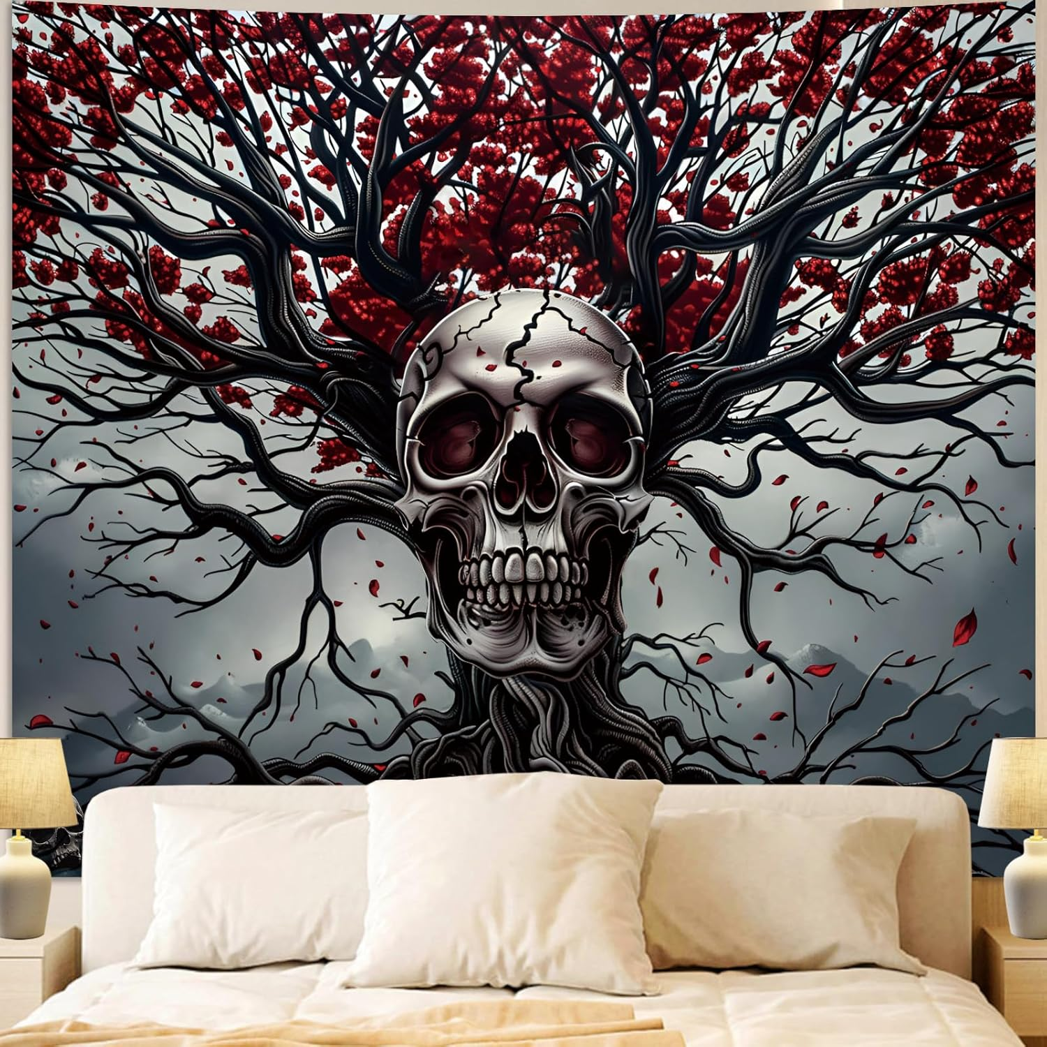 Apdidl Halloween Tree of Life Gothic Skull Tapestry for Bedroom Aesthetic, Black and White Goth Skeleton Tapestries, Dark Horror Ghost Rider Wall Decor Poster for Men Living Room Dorm (51"X60") image number 4