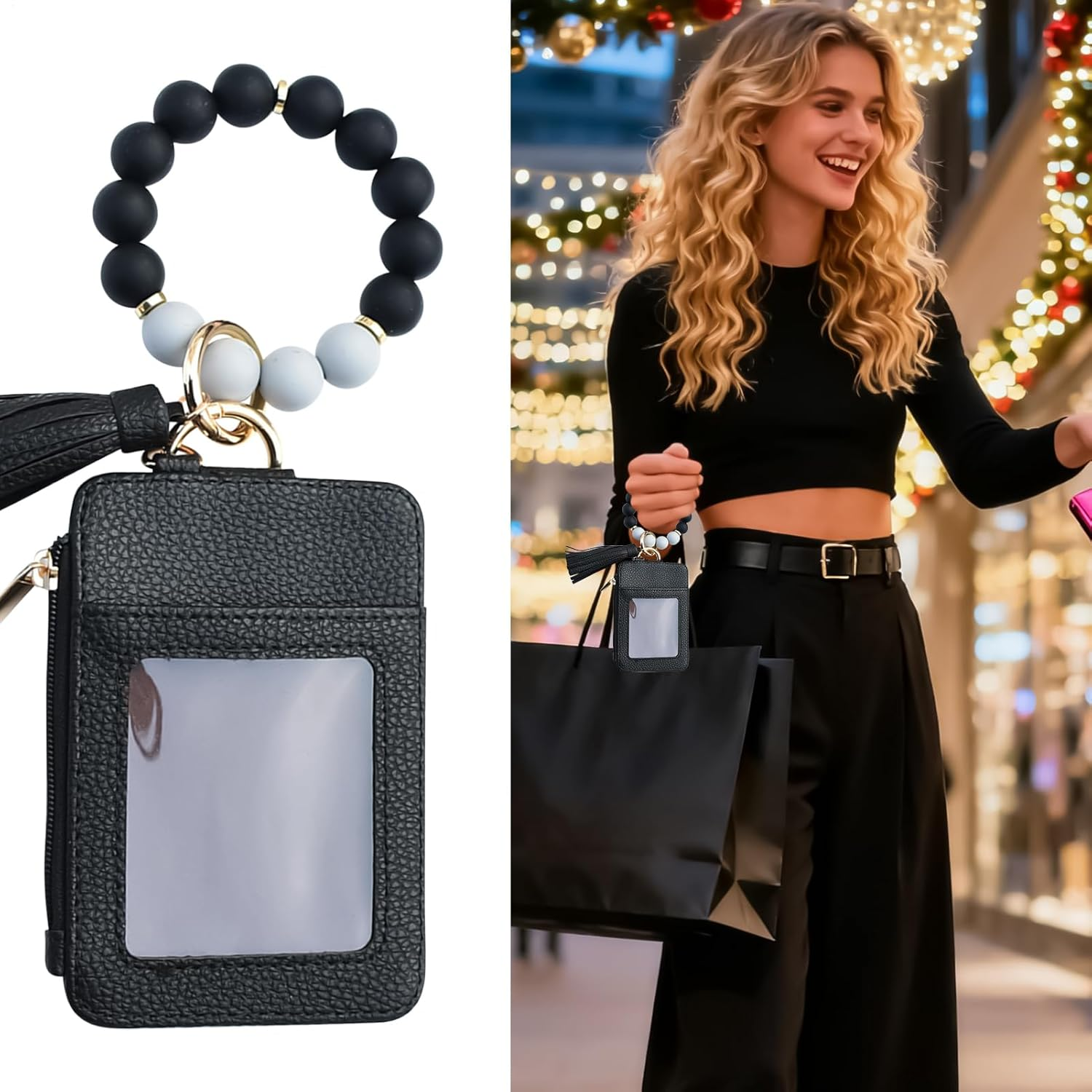 Davivian Key Chain Bracelet Purse - Pearl Tassel Keychain Purse - Card Case for Women | Party Date Birthday Holiday Holiday Shopping Travel, Black, Siehe Beschreibung, See Description - Khaki image number 3