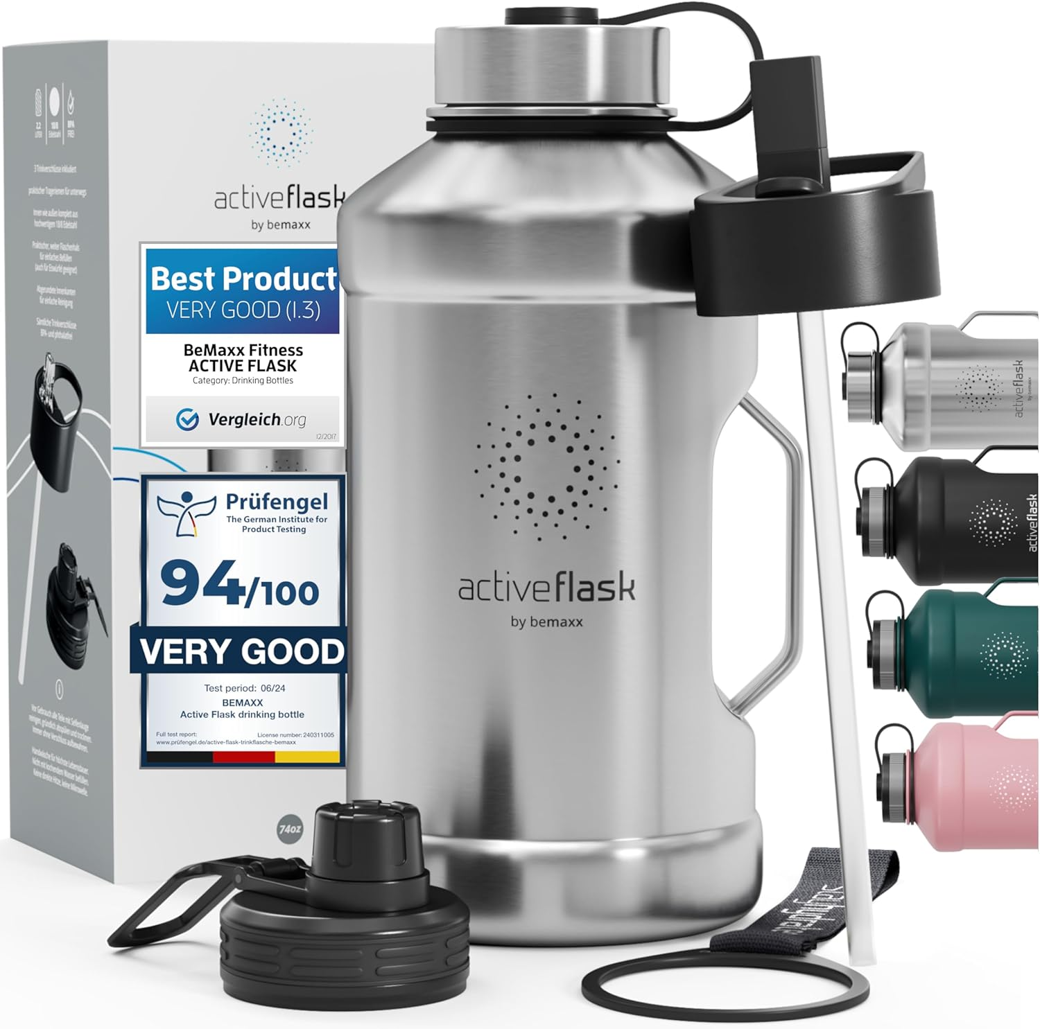 Leakproof Stainless Steel Water-Bottle ACTIVE FLASK + Straw (3 Lids) | Large 1.3/2.2 L Capacity Sports Container Bpa-Free, for Carbonated Drinks, 74 Oz XL Training Outdoor Fitness Water Bottle image number 6