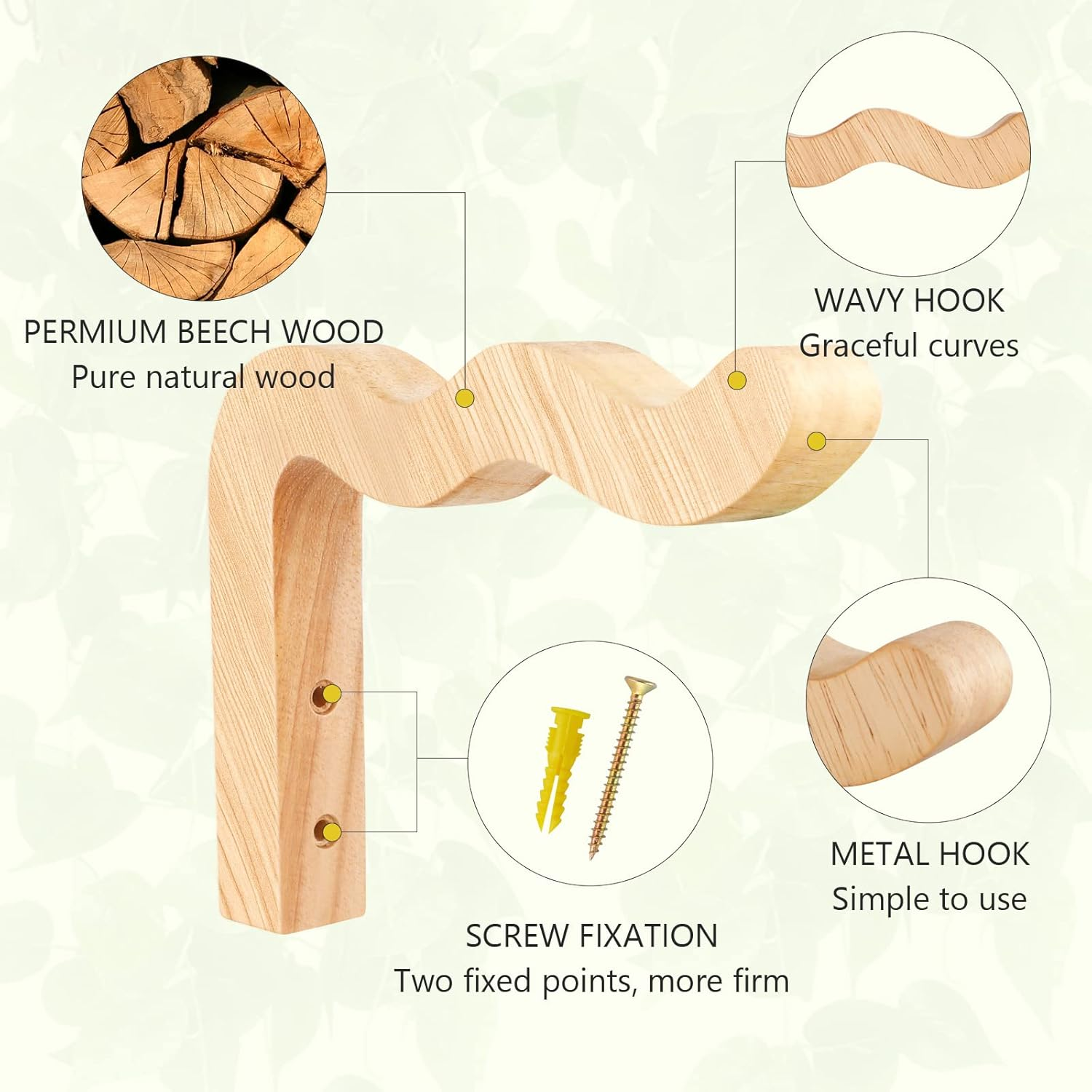 FGSAEOR Plant Hangers Outdoor, Hanging Plant Hooks for Indoors, Wave-Shaped Wooden Hanging Baskets for Wall Plant Hooks Heavy Duty for Flower Pots Wind Chimes and Bird Feeders (2-Pack, 6.8-Inch) image number 4