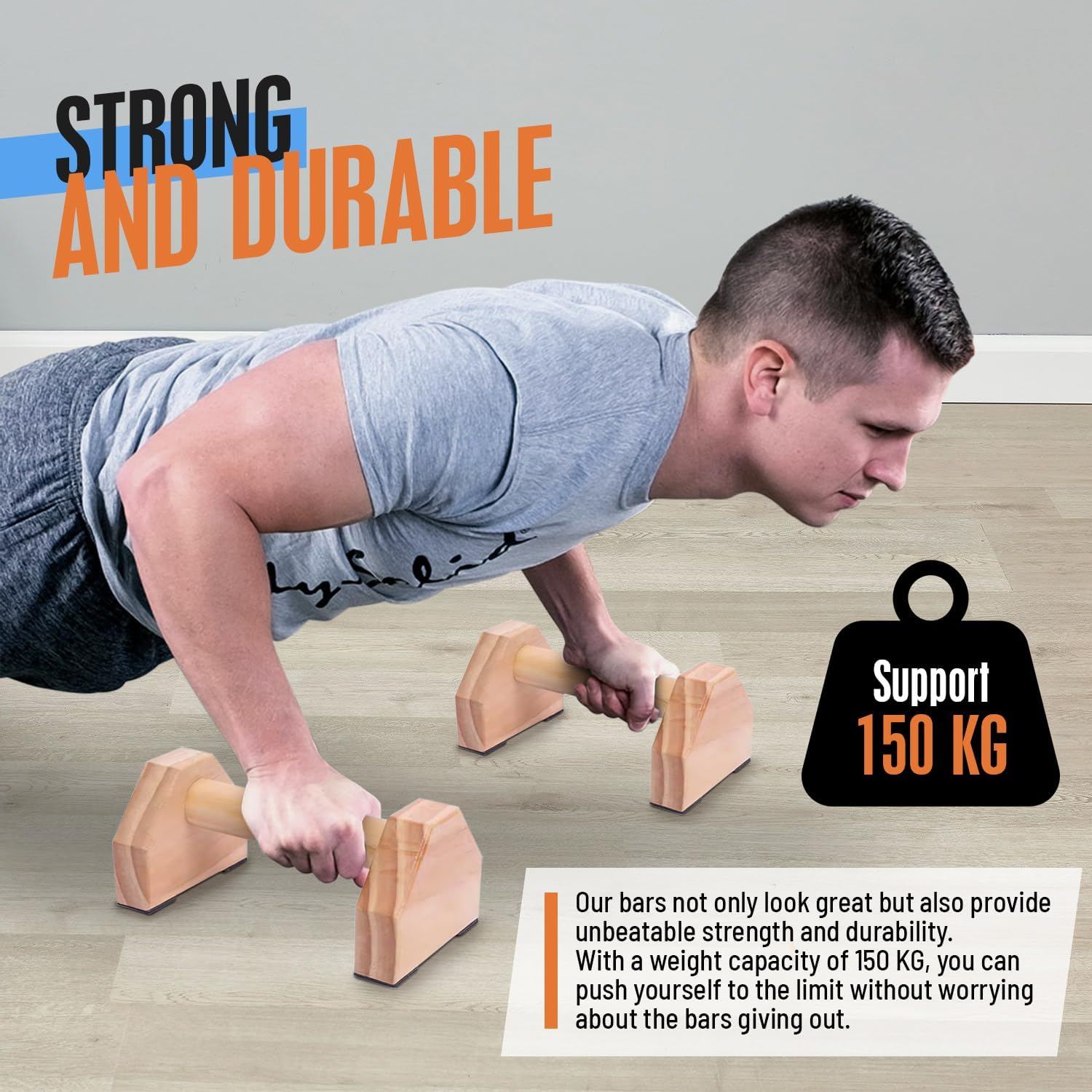Push up Bars for Floor &ndash; Wooden Parallettes Bars Calisthenics Equipment, &ndash; Solid Pine Wood Parallel Bars for Handstand, Pushups, Dips. Wrist Wraps Included, Bonus Carry Case and Ebook - Perfect for Home Gym Use
