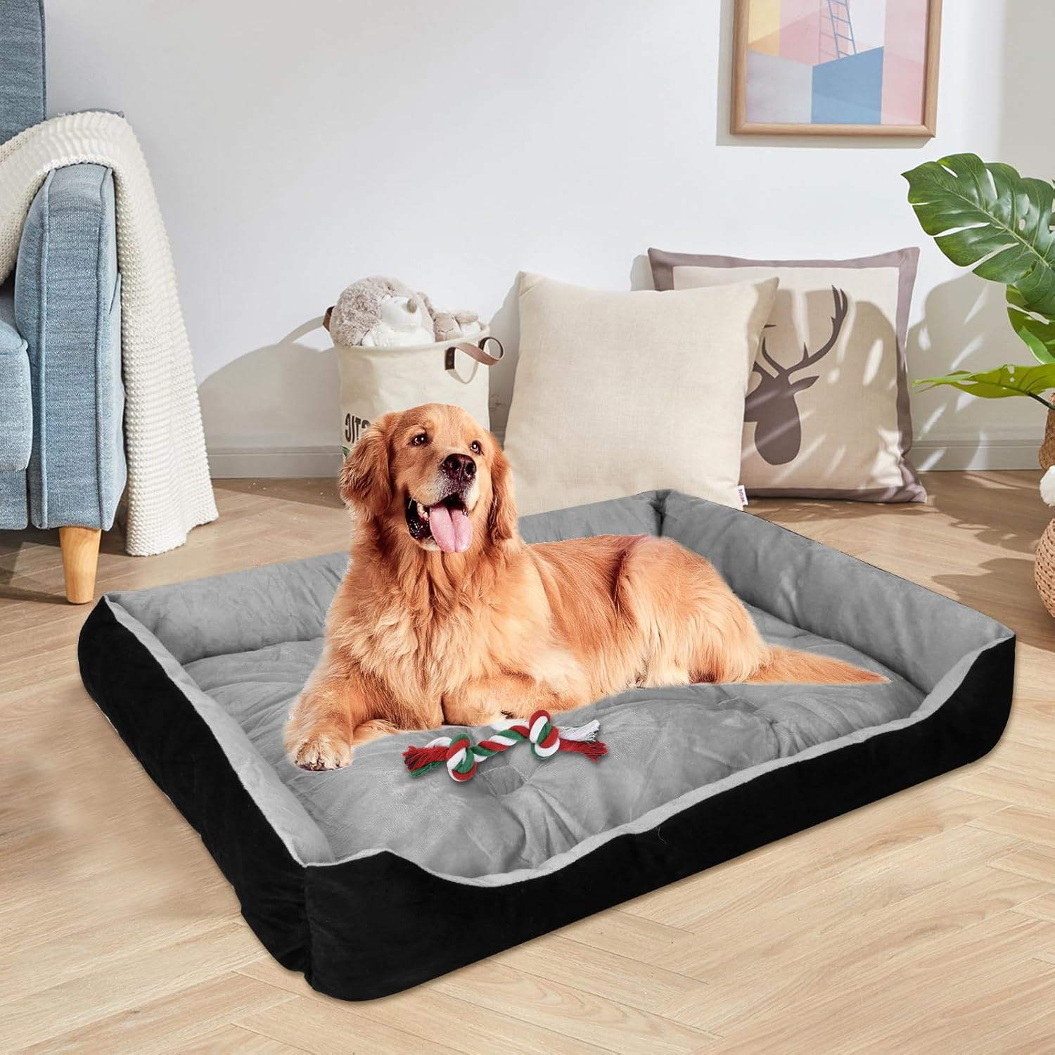 Dog Bed for Large Dogs, Fluffy Dog Bed, Washable, Soft Plush Dog Beds, Non-Slip Dog Basket, Dog Sofa, Pet Bed for Large Dogs and Cats, Black Grey, 90 X 70 Cm