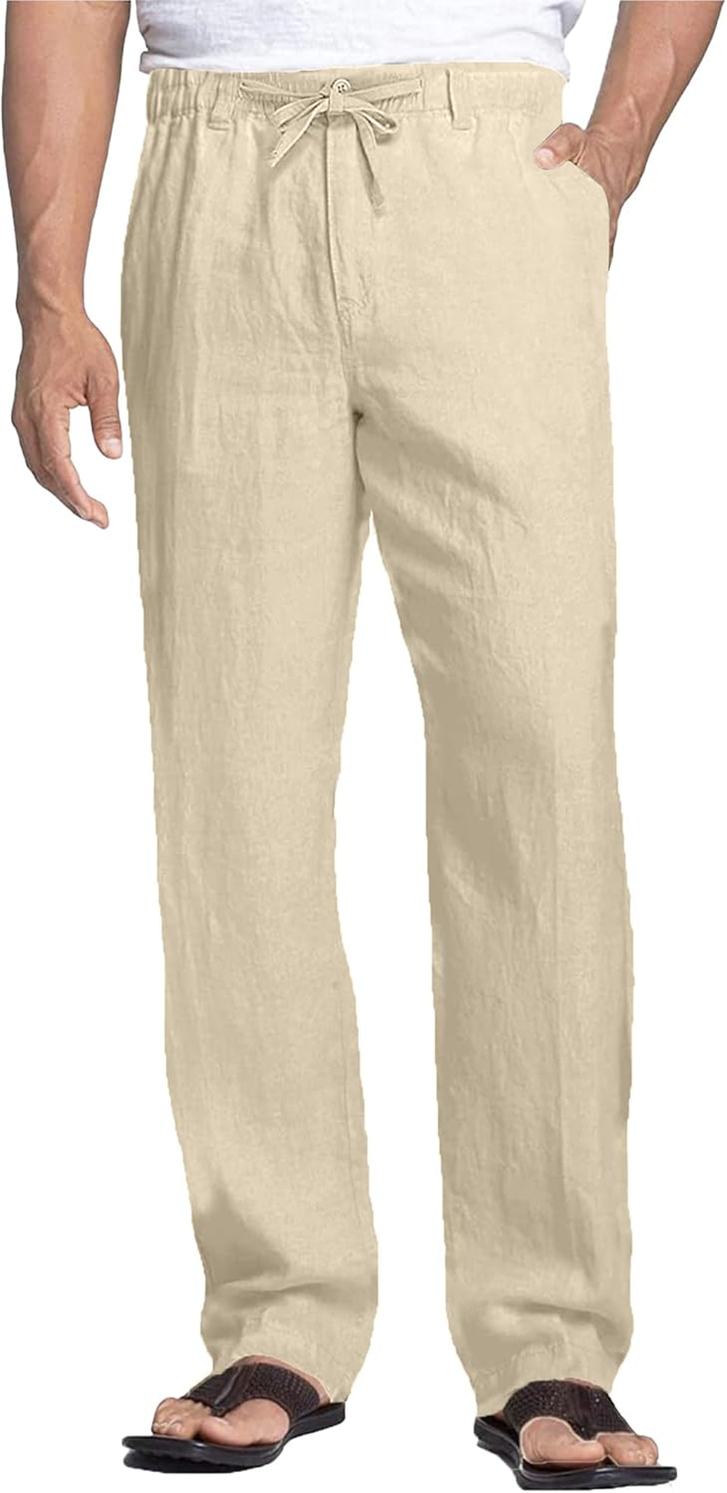 NANAMEEI Men'S Linen Pants Elastic Waist Cotton Trousers Drawstring Yoga Beach Pants