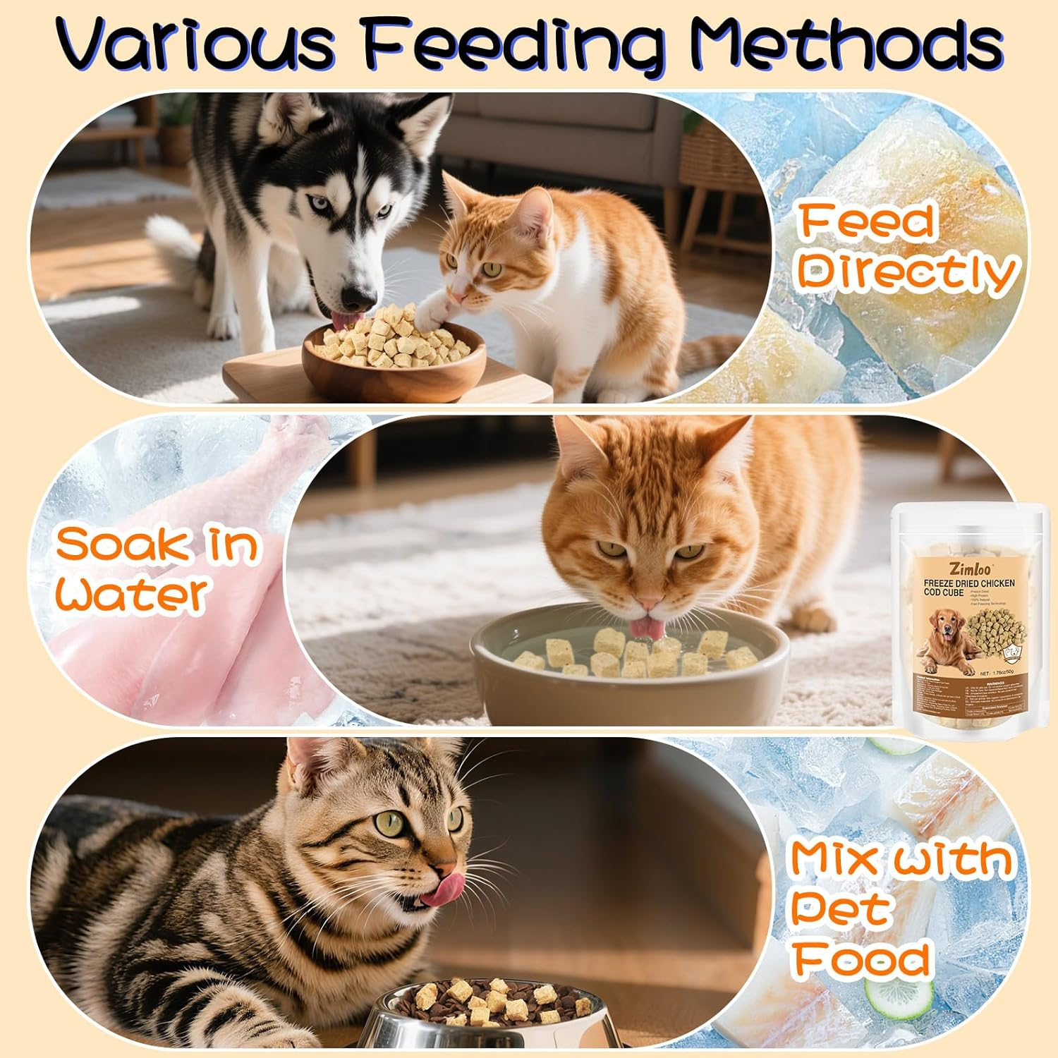 Freeze Dried Chicken Cod Pet Treats, High Protein Pet Food for Dogs Cats, Healthy Limited Ingredient Chicken Cod Fish Cube