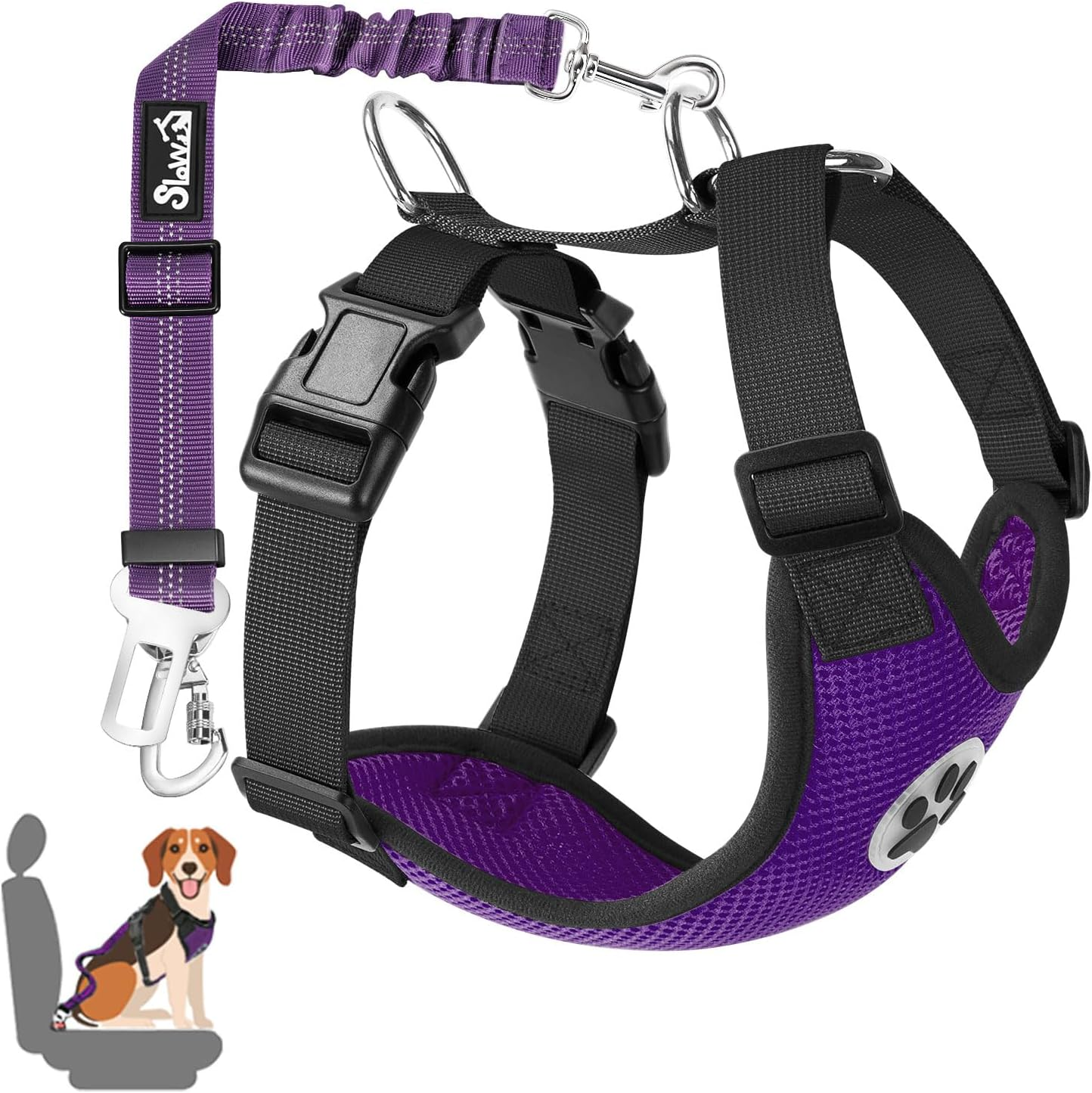 Slowton Dog Car Harness with Seat Belts, 2 in 1 Safety Adjustable Dog Seat Belts for Cars with Clip and Buckle, Breathable Mesh Pet Vest Harness Seatbelts with Secure Elastic Buffer for Travel