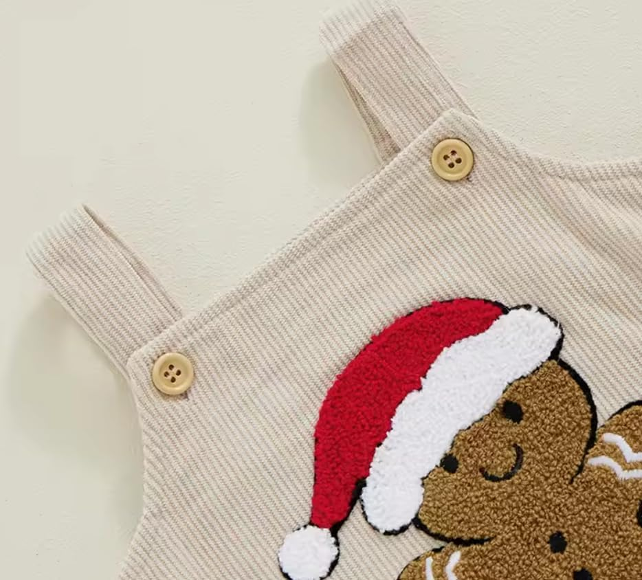 Baby Christmas Festive Romper, Beige Burgundy Green Corduroy with Gingerbread Reindeer Tree Design for Newborn Infant Toddler Unisex 0-18 Months image number 2