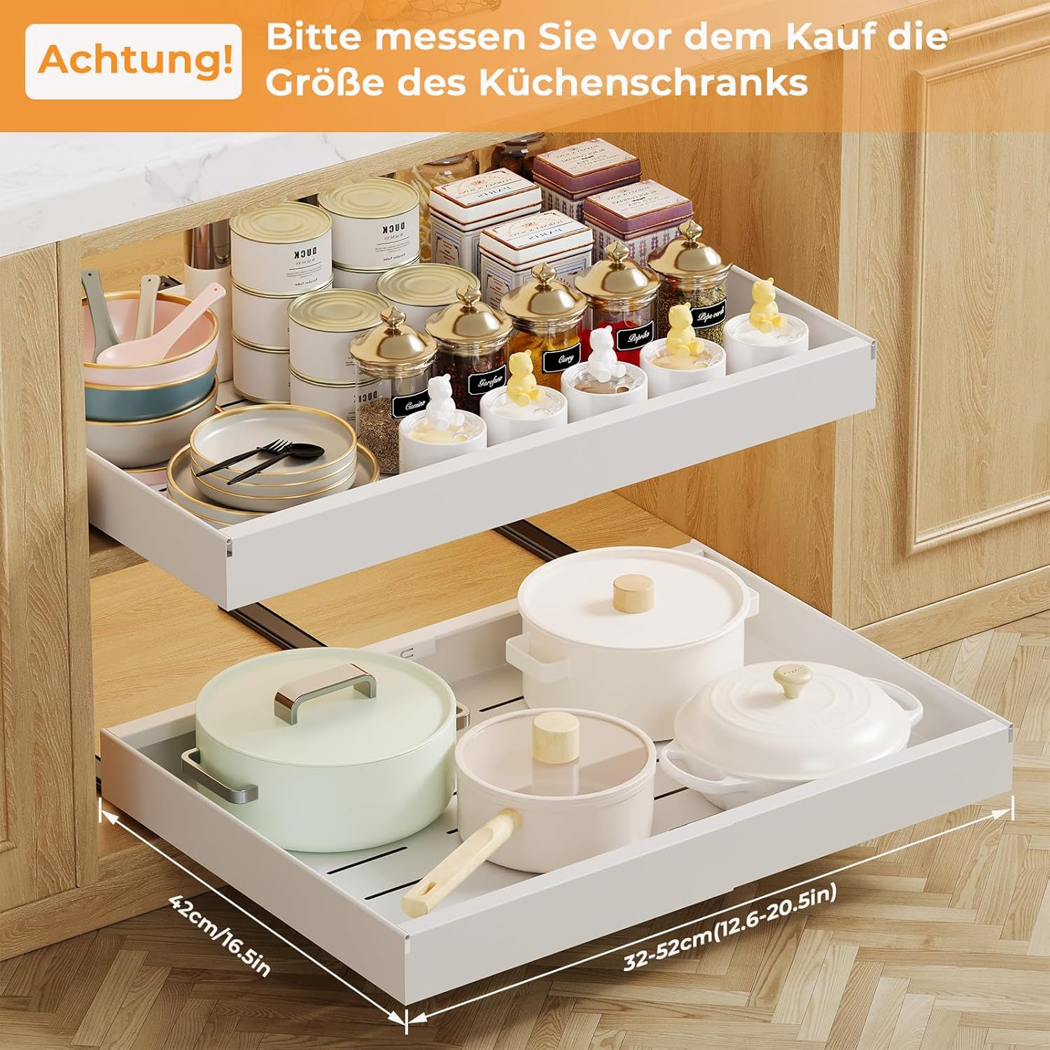 Casgee Pack of 4 Telescopic Drawers, Extendable Kitchen Drawer, Width 32-52 Cm, Extendable Cupboard Organiser with Rail System, Stick Slide Out Pull-Out Kitchen Cabinet for Kitchen Organisation, White image number 3