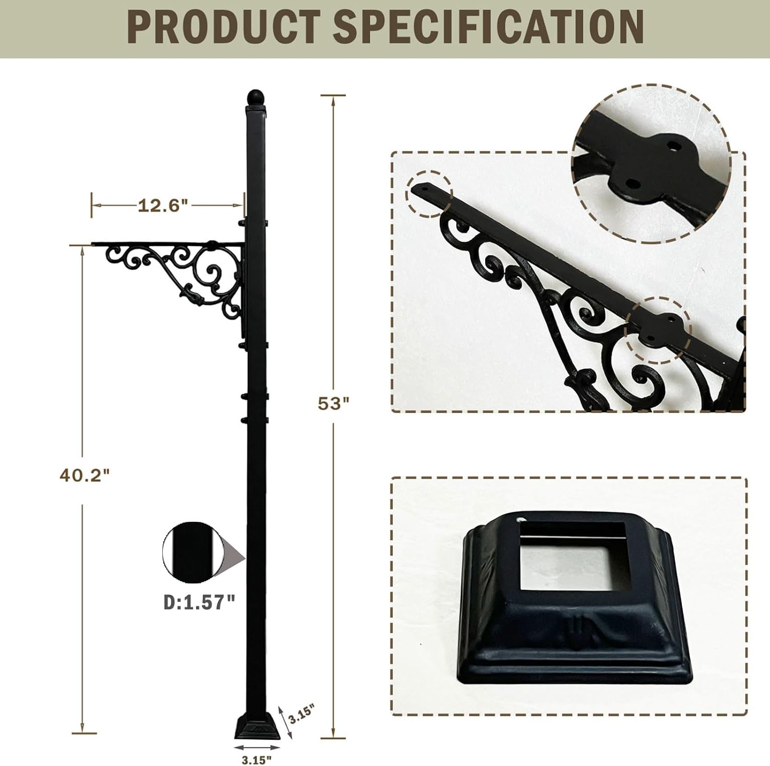 40.2-53" H Heavy Duty Outdoor Mailbox Post, Steel Mailbox Stand, Mounting Stand for Concrete image number 4