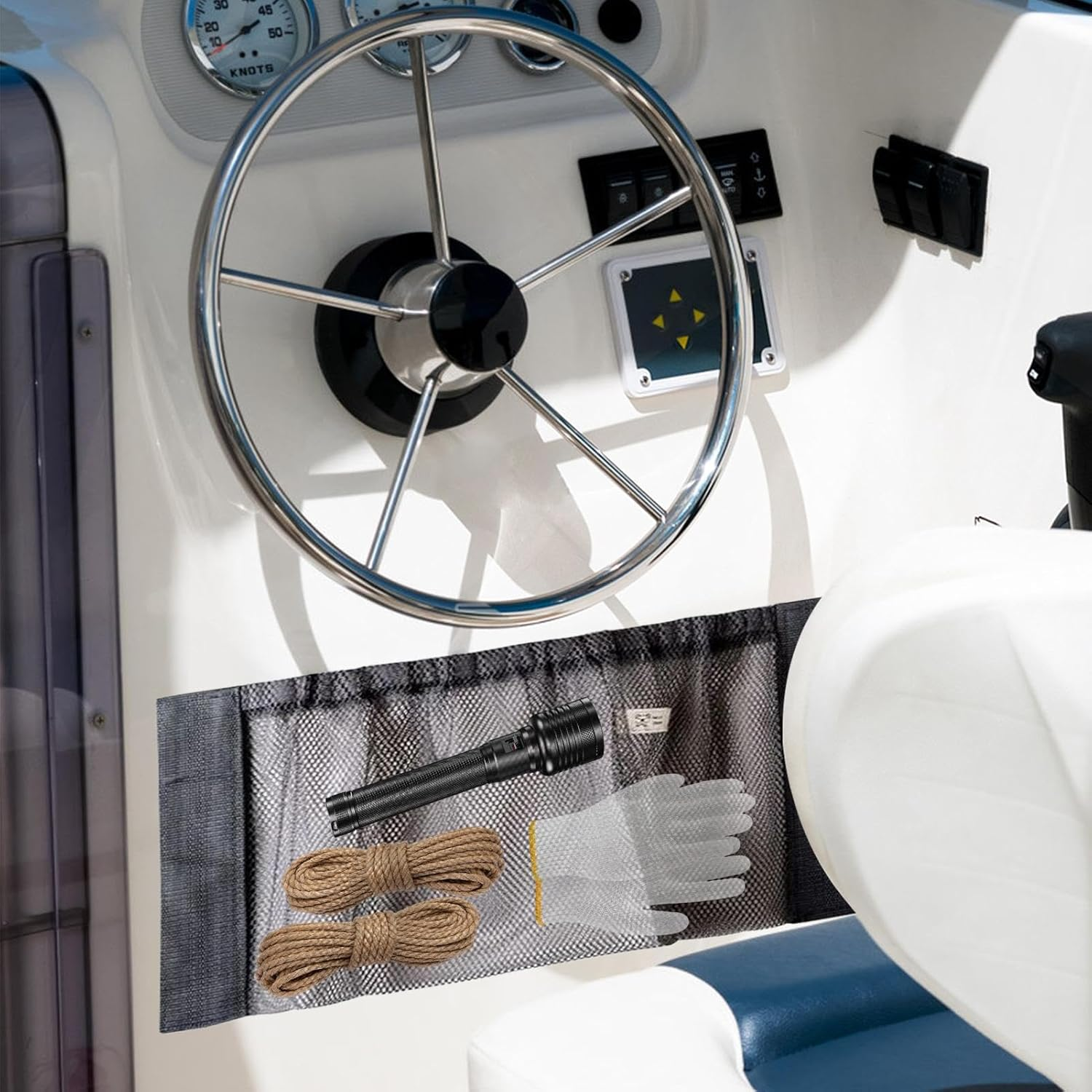 Boat Storage - Leakproof Marine Organizer Mesh Bag | Adhesive Net Marine Organization for Gear Gadgets Accessories Boating Traveling Trip Rope Flashlight Gloves Tackle image number 6