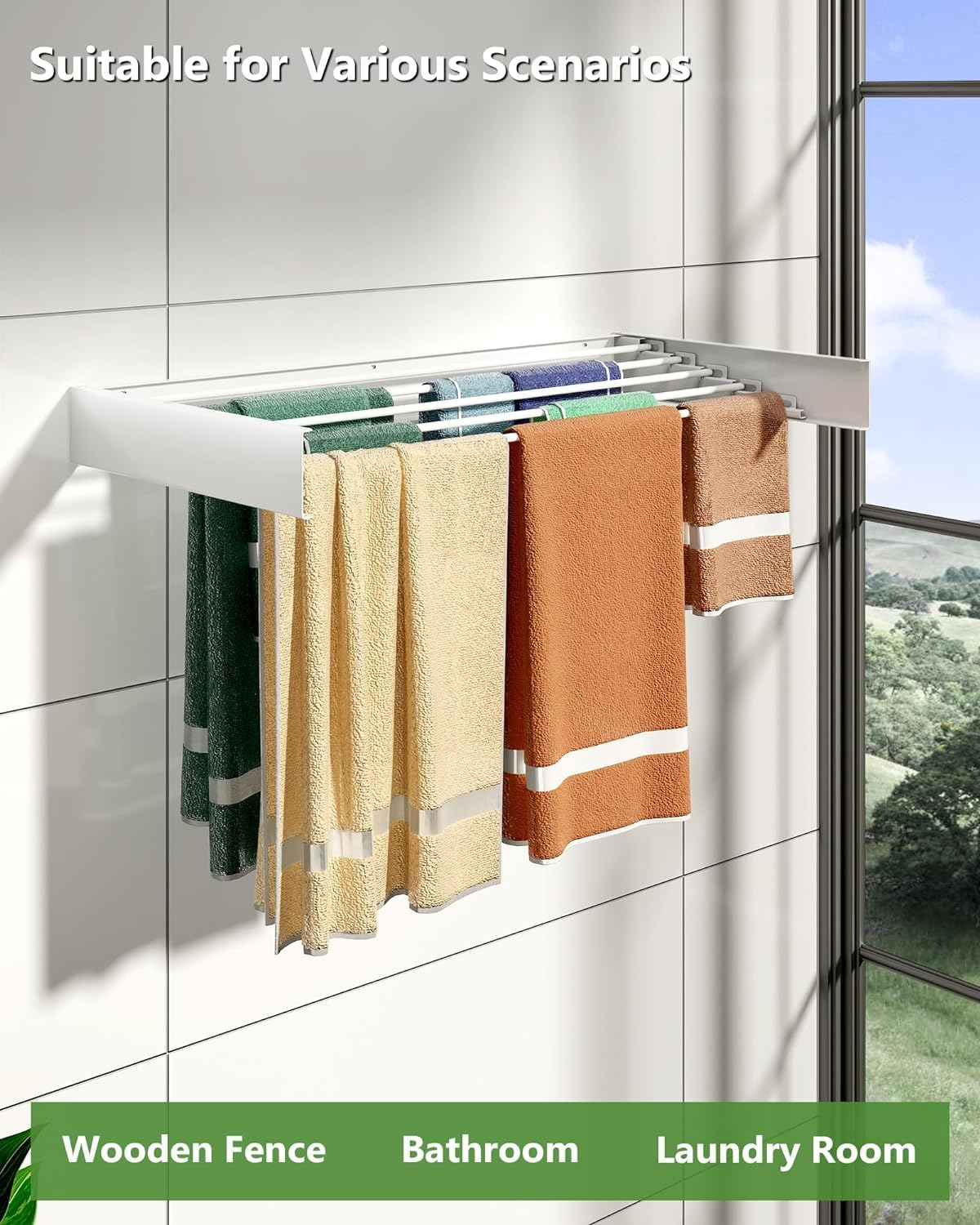 HOMIEST Laundry Drying Rack Collapsible, Wall Mounted Drying Rack, 31.5" Wide, 13.2 Linear Ft, 5 Aluminum Rods, 60 Lb Capacity, Laundry Racks for Drying Clothes with Wall Template Screwdriver Bit image number 4