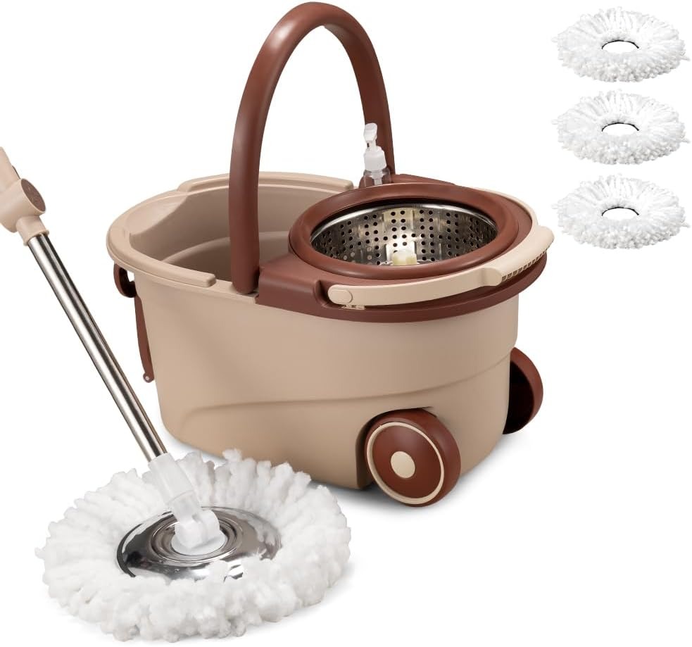 ZUNI 360&deg; Spin Mop and Bucket Set with 3 Microfiber Replacement Head Refills, Wet Dust Mop Set with Adjustable Stainless Steel Handle, Spinning Mop Bucket for Home Cleaning, Green