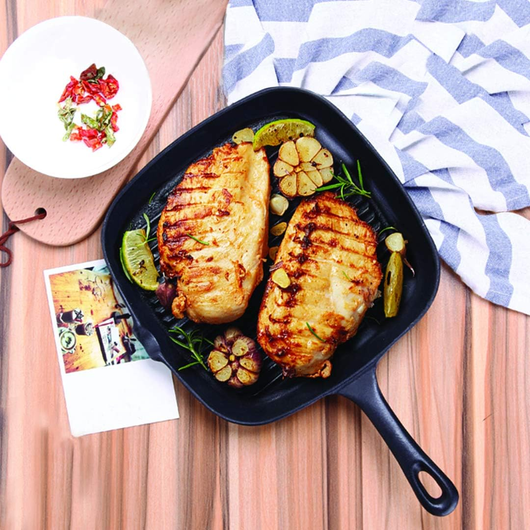 SOGA 9.25" Square Ribbed Cast Iron Frying Pan Skillet Coating Steak Sizzle Platter- Durable, Long-Lasting Kitchen Cookware. Ideal for Frying, Boiling, Pre-Seasoning, and More image number 3