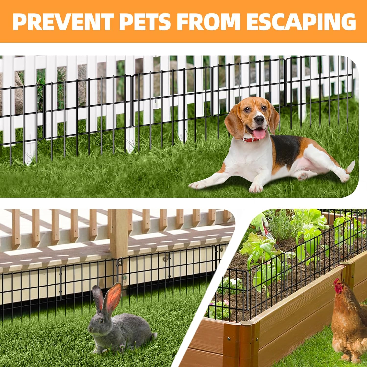 25 Pack Garden Animal Barrier - 1.65Inch Spike Spacing, Reusable Rustproof Metal Fence Border for Dogs & Rabbits - Total 27Ft(L) X 17Inch(H)