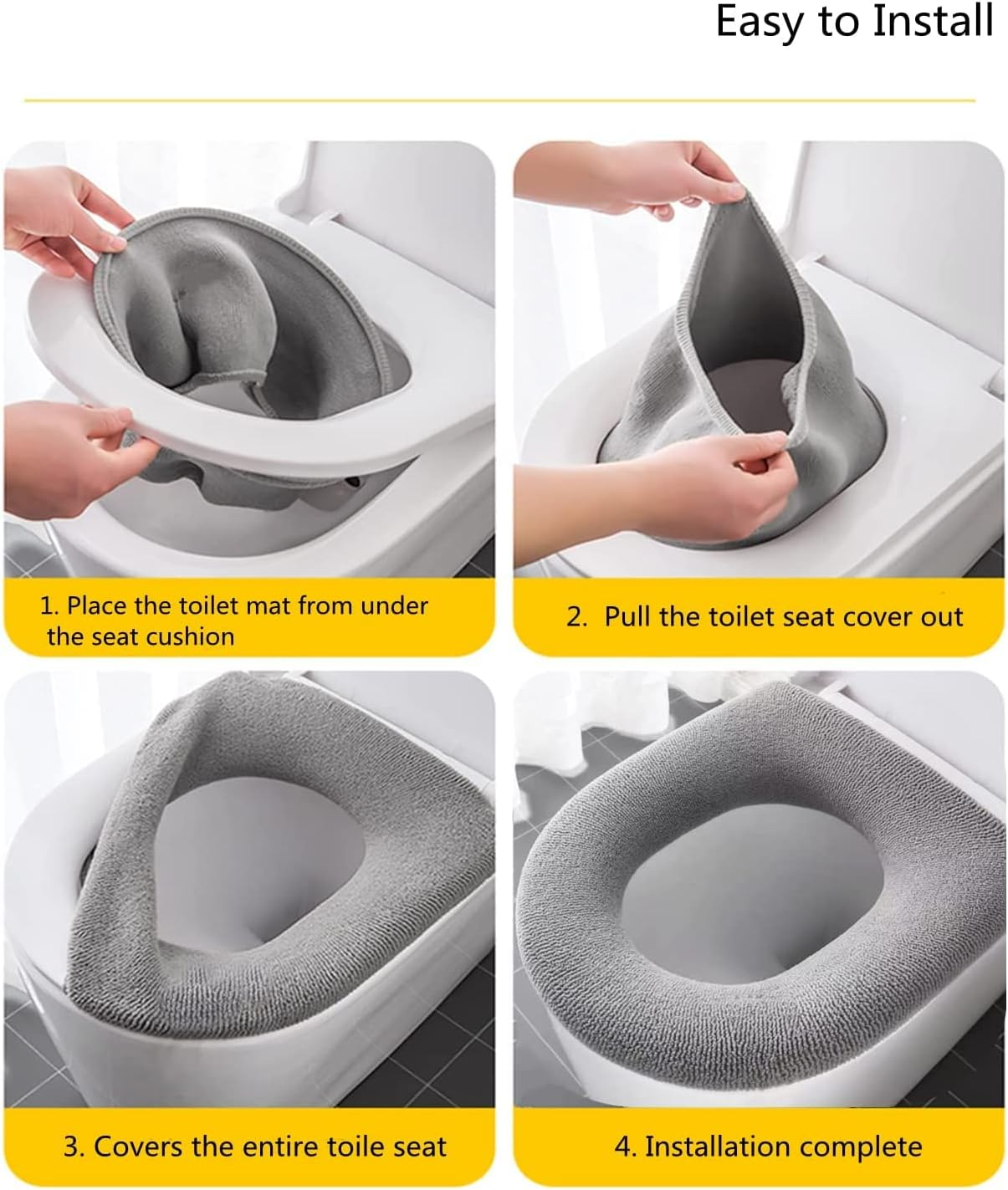 2PCS Toilet Seat Cover,Bathroom Soft Thicker Warmer Pads, Washable Fiber Cloth Toilet Seat Covers Pads Easy Installation& Cleaning (Gray 1) - Gray 2 image number 7