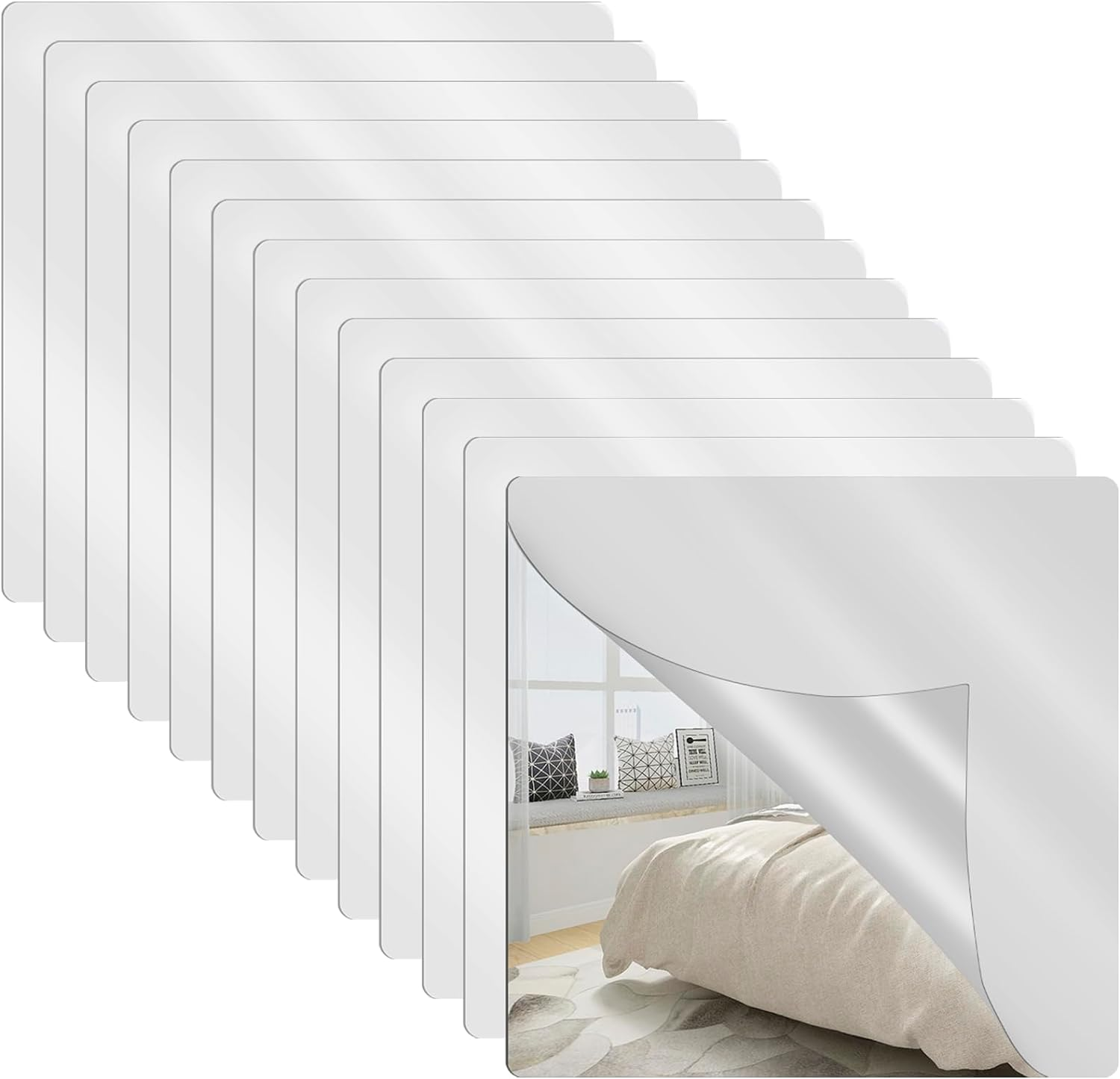 Abizarch 12Pcs Wall Mirror Tiles, 12 X 12 Inch Self Adhesive Acrylic Mirror, Unbreakable Flexible Square Mirror Sheets Wall Stickers Frameless Full Length Mirror for Home Gym Bedroom Living Room Door image number 3