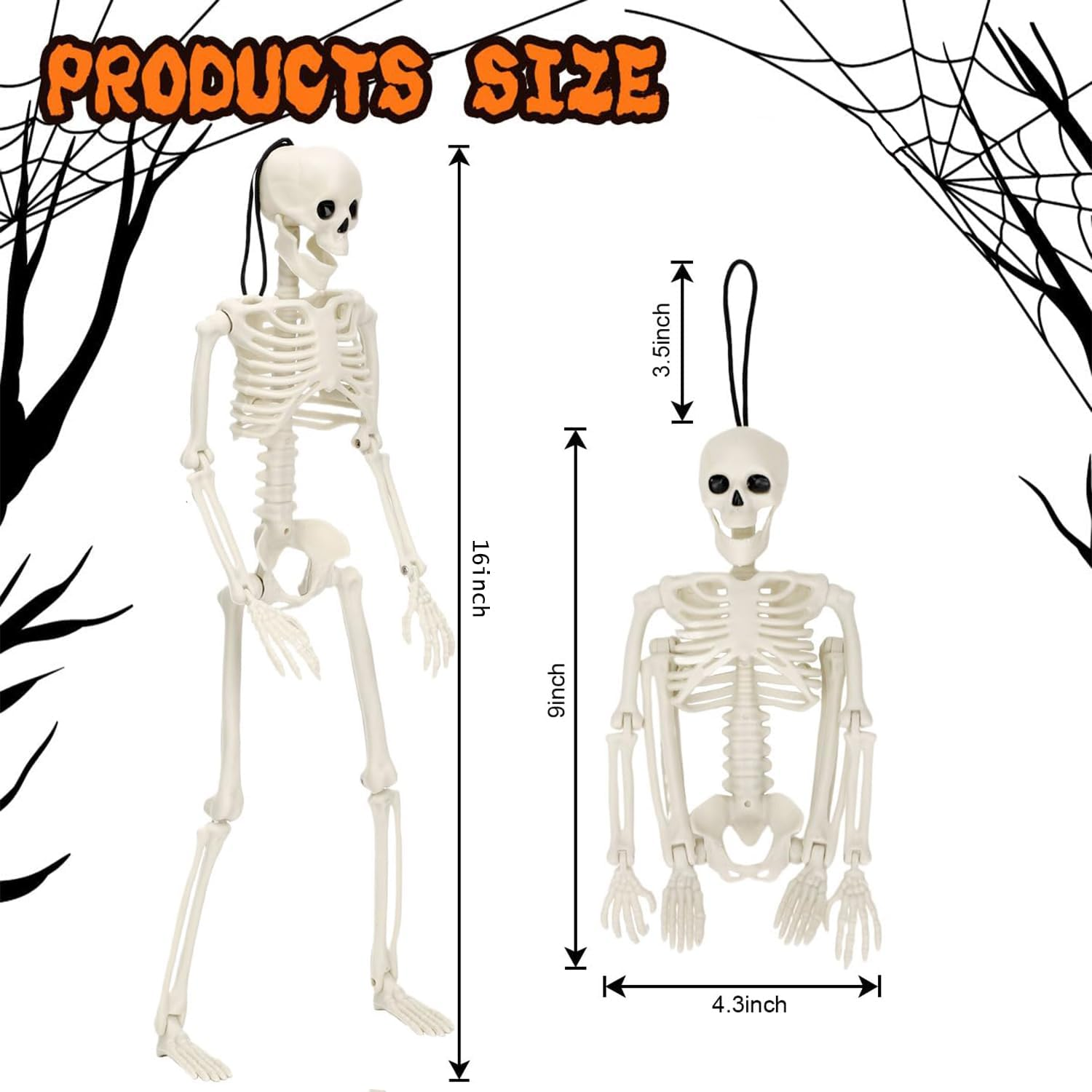 2 Pcs Halloween Skeleton Decorations, 16 Inch Full Body Skeletons Realistic Human Plastic Bones with Posable Joints, Hanging Spooky Skeletons for Halloween Indoor Outdoor Party Home Decor image number 1