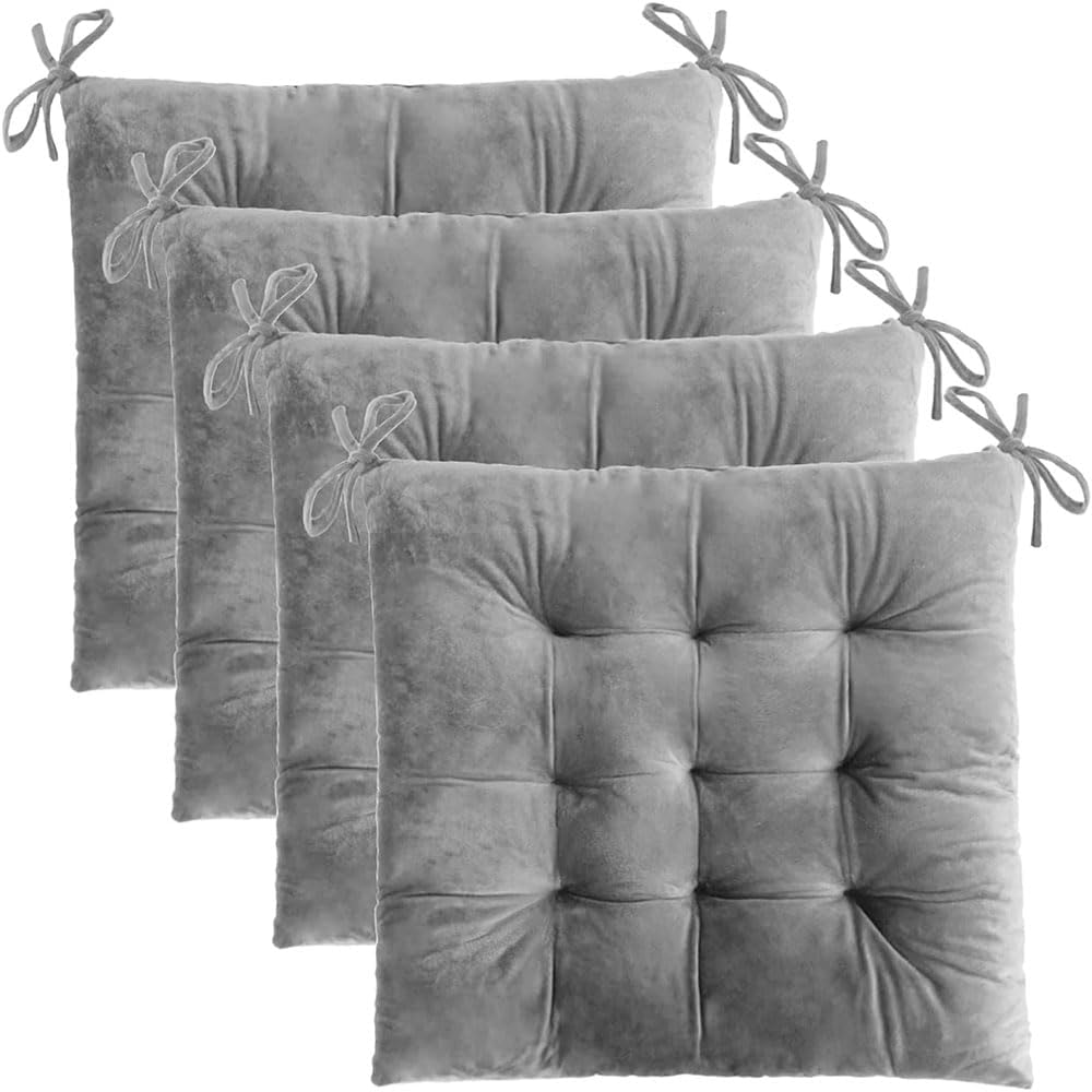 4 Pack Chair Cushions for Dining Chairs, Tufted Velvet Seat Pads with Ties, Soft Square Chair Pillows for Kitchen, Office, Desk & Living Room, Grey image number 4