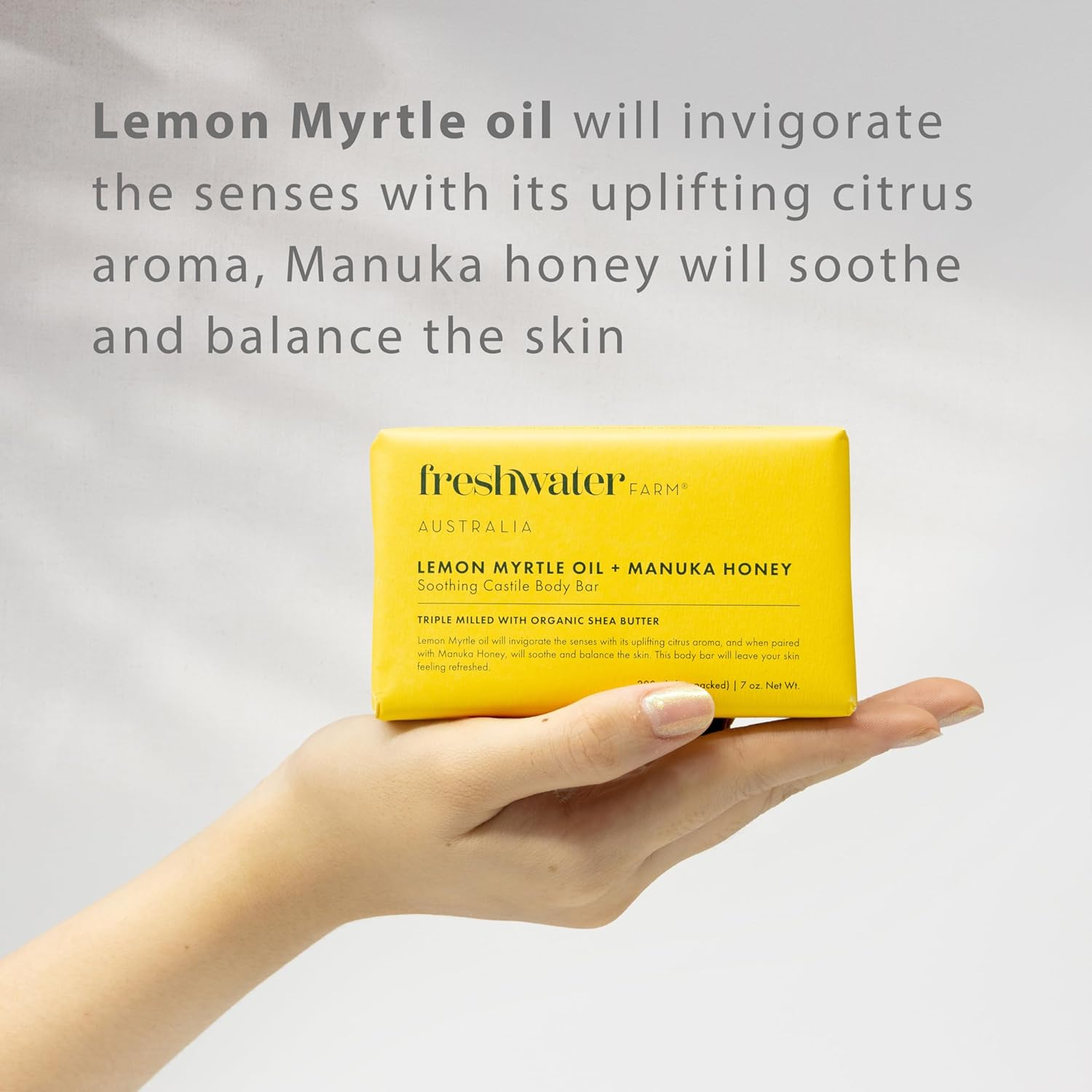 Freshwater Farm Australia Soothing Castile Natural Body Bar/Soap Bar for Women/Men- Lemon Myrtle Oil+Manuka Honey. Nourishing Essential Oils Soap/Body Soap for Dry, Sensitive Skin-200G X 8 Pack image number 2