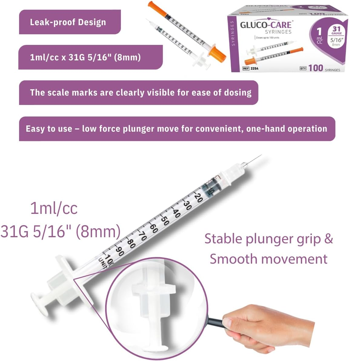 GLUCO-CARE 1 Ml/Cc Syringes 31G X 5/16&rsquo;&rsquo; (8Mm), Orange Cap, 100/Box image number 5
