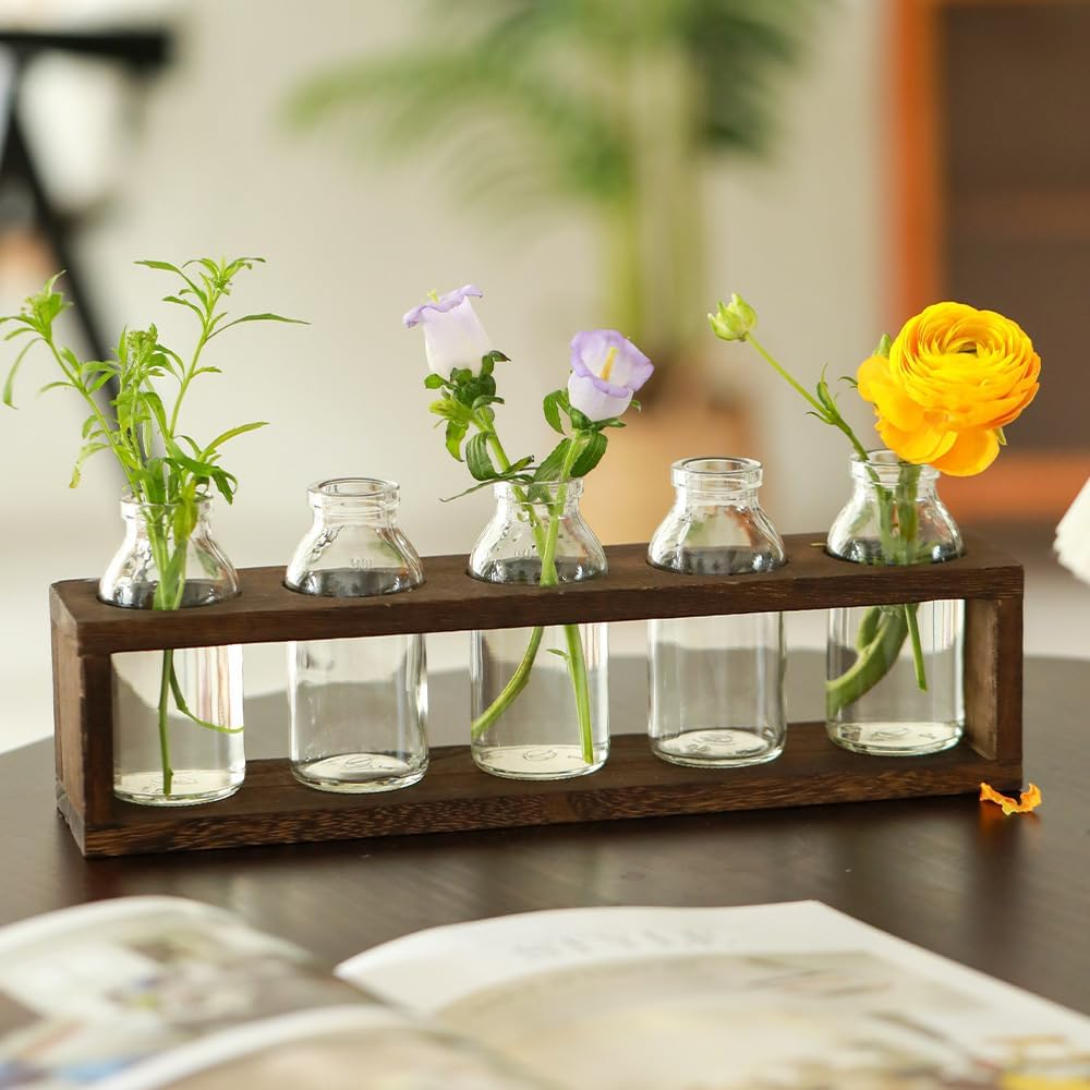 ATDORO Plant Propagation Station, Desktop Glass Planter with 5 Vase, Wooden Frame Hydroponic Glass Vase, Plant Terrarium with Wooden Stand, for Indoor Live Hydroponics Plants Office Home Garden Decor
