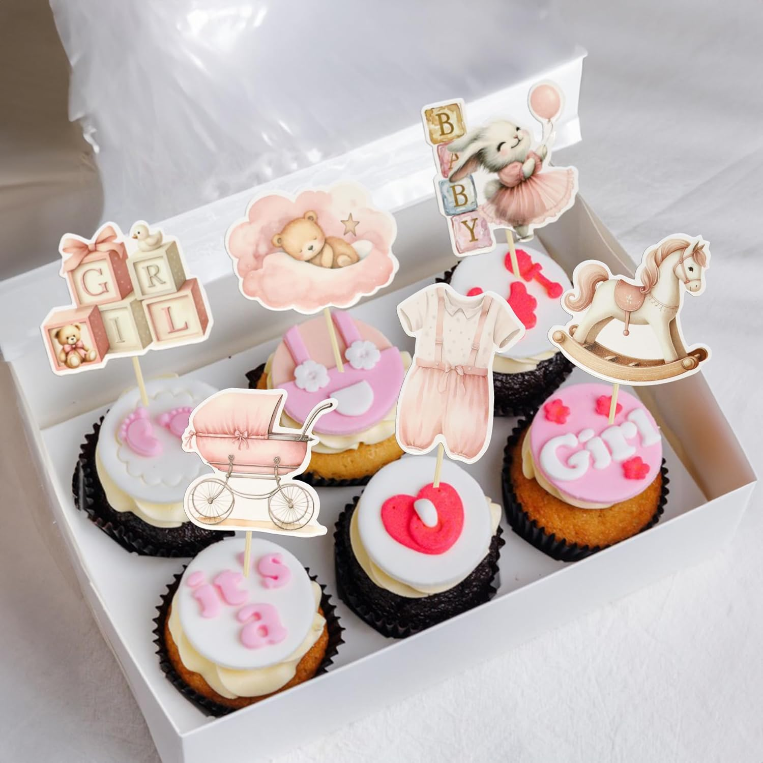 Ephlyn 36Pcs Baby Girl Cupcake Toppers Baby Shower Decorations for Girl Bear It'S a Girl Cupcake Picks Decorations for Baby Girls Birthday Party Cake Decorations Pink - Blue image number 6