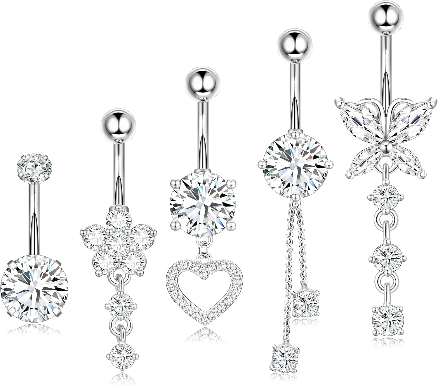 LYLYMIMI 5Pcs14G Belly Rings Stainless Steel Belly Button Rings Navel Rings Round/Love Heart Clear CZ Curved Barbell Piercing for Women image number 2