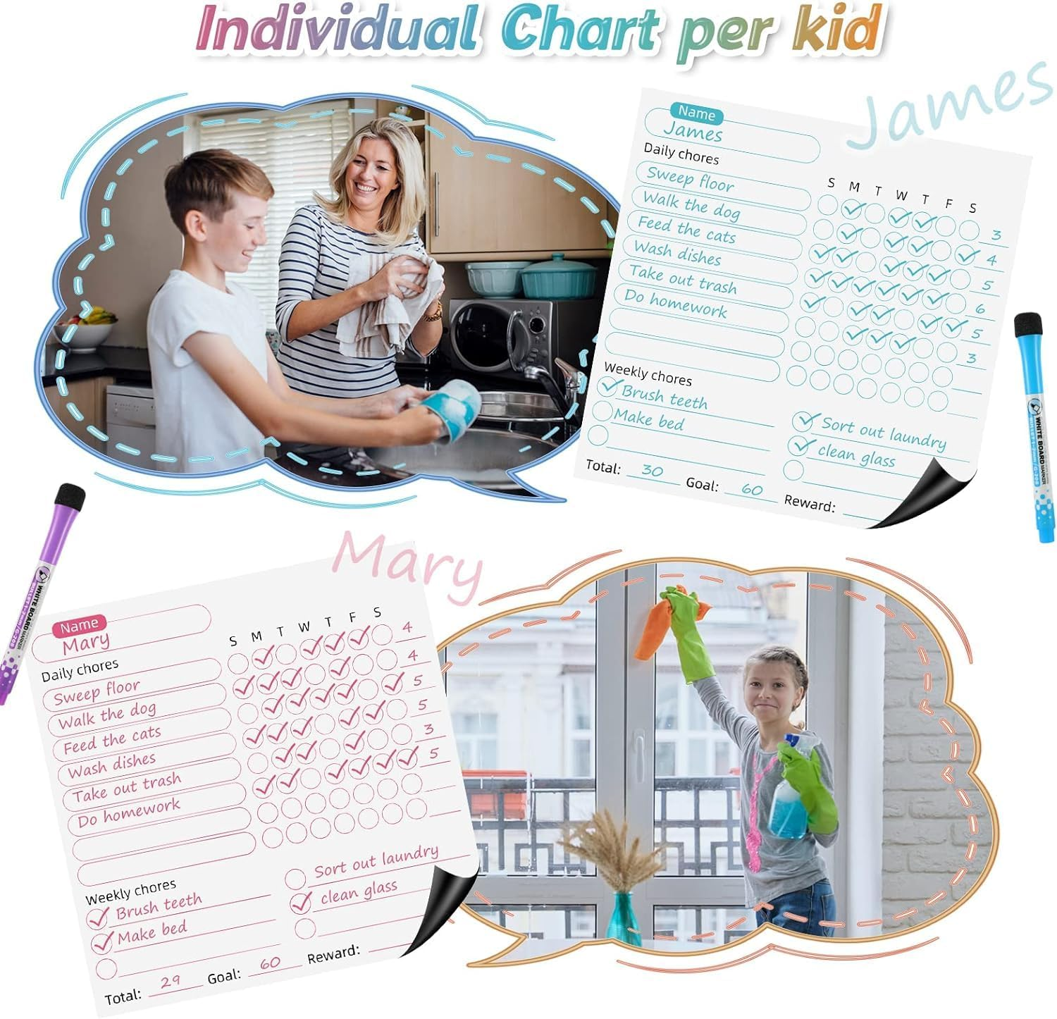 Magnetic Chore Chart for Kids, 4 Pcs Dry Erase Behavior Charts and 6 Colored Markers with Eraser Caps with 1 Eraser, Reward Chart for Multiple Kids Teens Adults Family, Chores Chart for Kids (White)