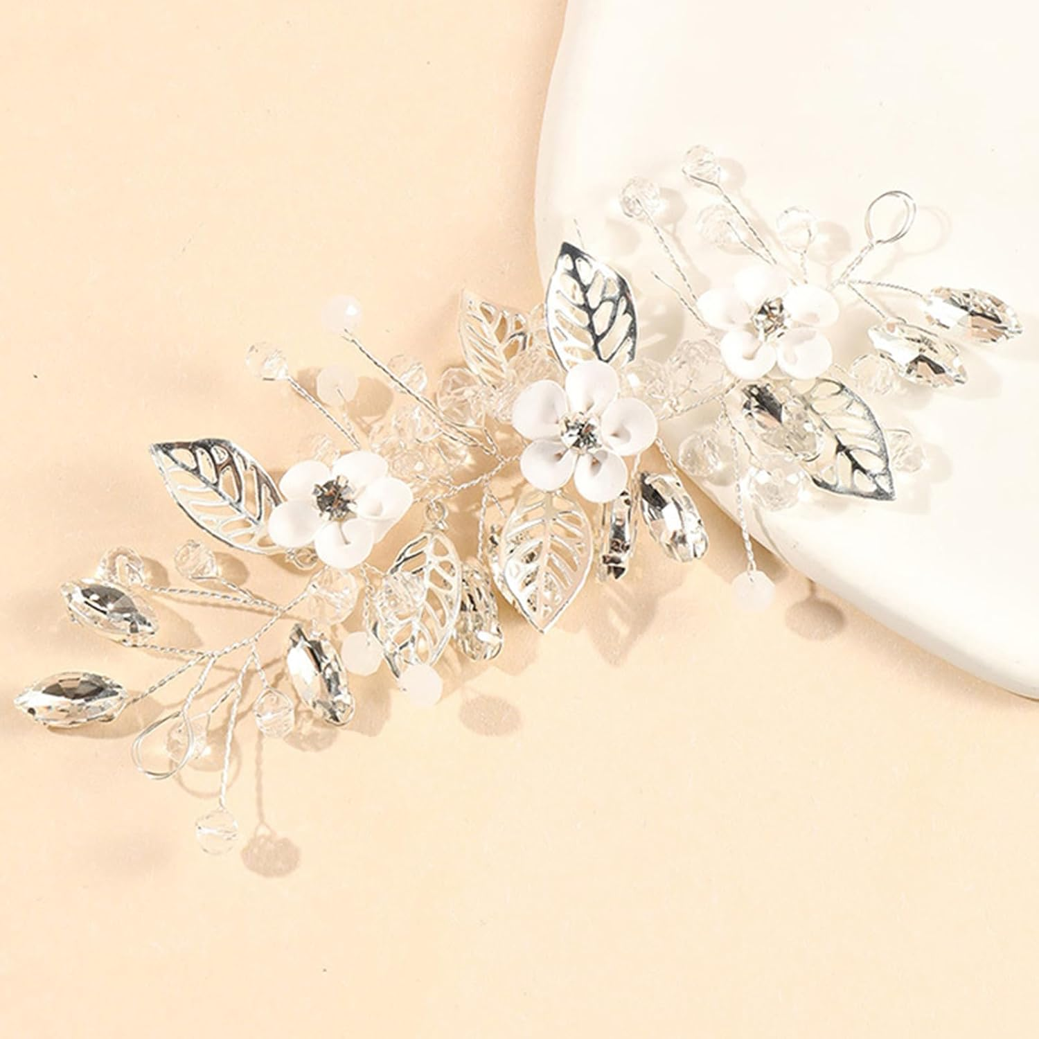 Brateuanoii Silver Flower Wedding Hair Comb, Silver Crystal B-Raut Headpiece, Rhinestone B-Raut Hair Accessories, Flower Leaf Headband, B-Raut Headband Headpiece for Women and Girls image number 5