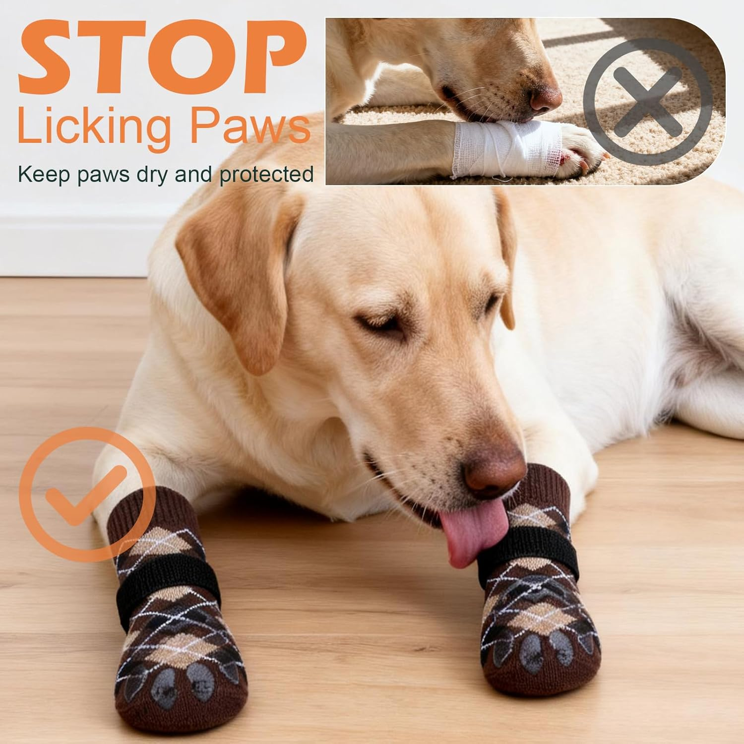 EXPAWLORER Dog Socks to Prevent Licking Paws,4 Pcs Double Sided anti Slip Dog Socks with Grippers for Hardwood Floors,Dog Shoes Booties for Small Medium Large Senior Dogs,British Style,Brown XL image number 3