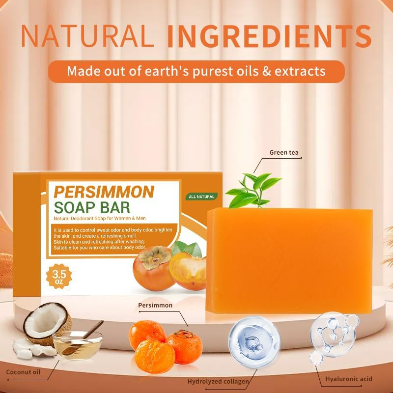 Persimmon Soap Bar for Body Odor Removal, Natural Deodorant Bath Soap for Old People Smell, Handmade Persimmon Green Tea Soap for Face & Body Wash, Deeply Cleansing & Moisturizing Bar 100G (1Pcs) - 3Pcs image number 3