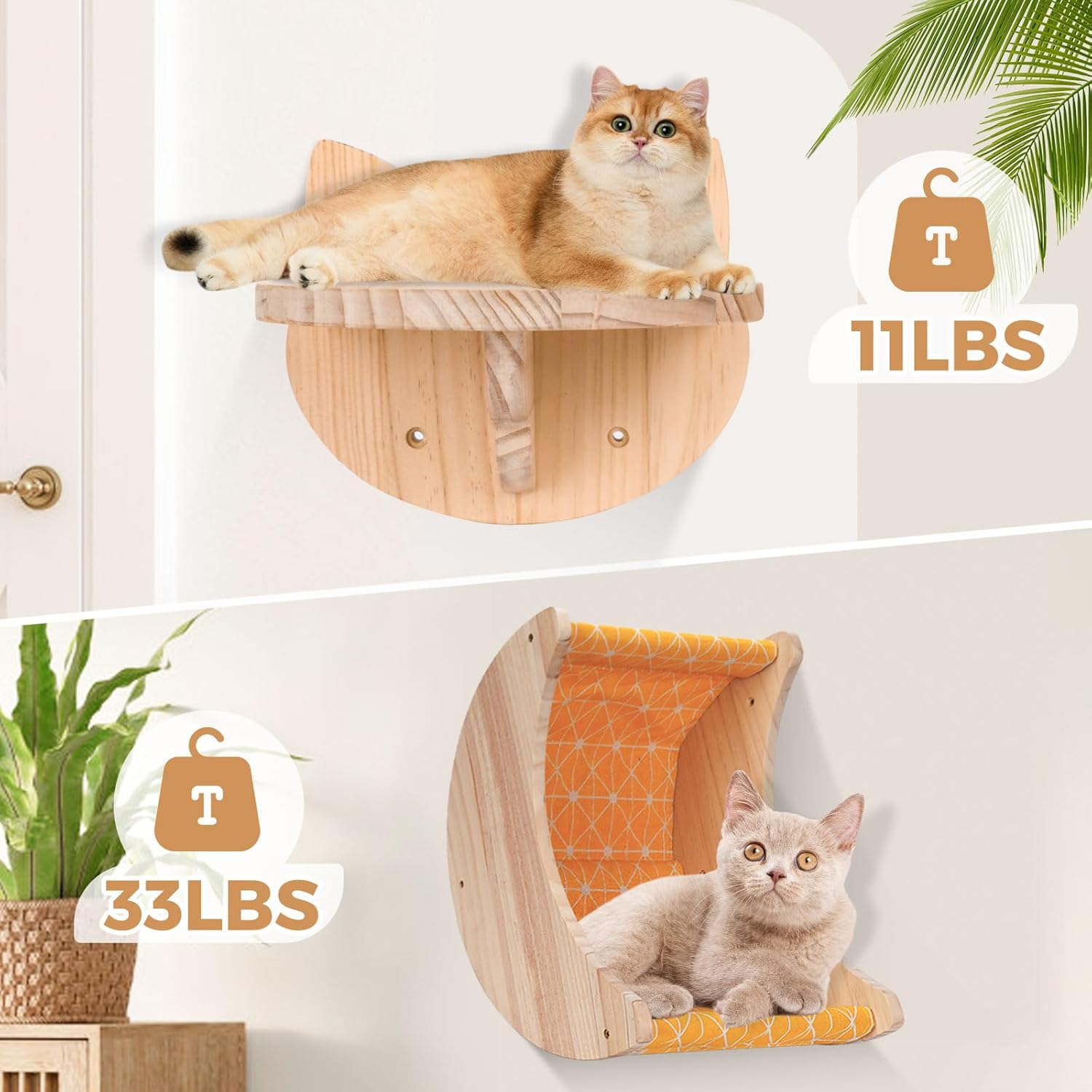 Cat Hammock Wall Mounted 3Pcs Set, Wooden Cat Wall Shelves Scratching Posts, Moon Shape Cat Perches and Cat Wall Furniture for Climbing, Playing and Sleeping - 3Pcs Cat Shelves Set image number 2