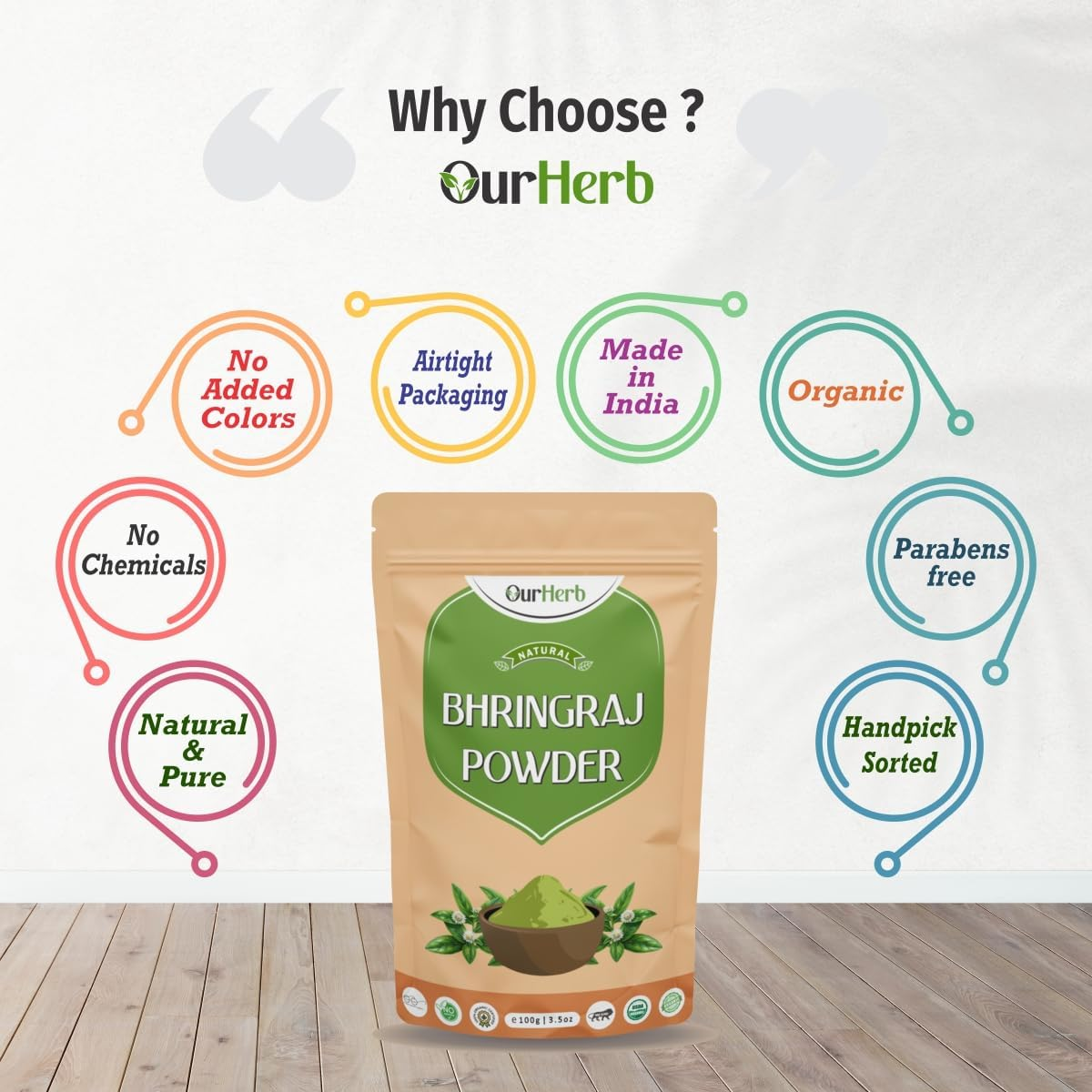 Ourherb Pure & Organic Bhringraj (Eclipta Prostrata) Powder for Natural Hair Care with Wooden Spoon - 100G | 3.5 Oz image number 2