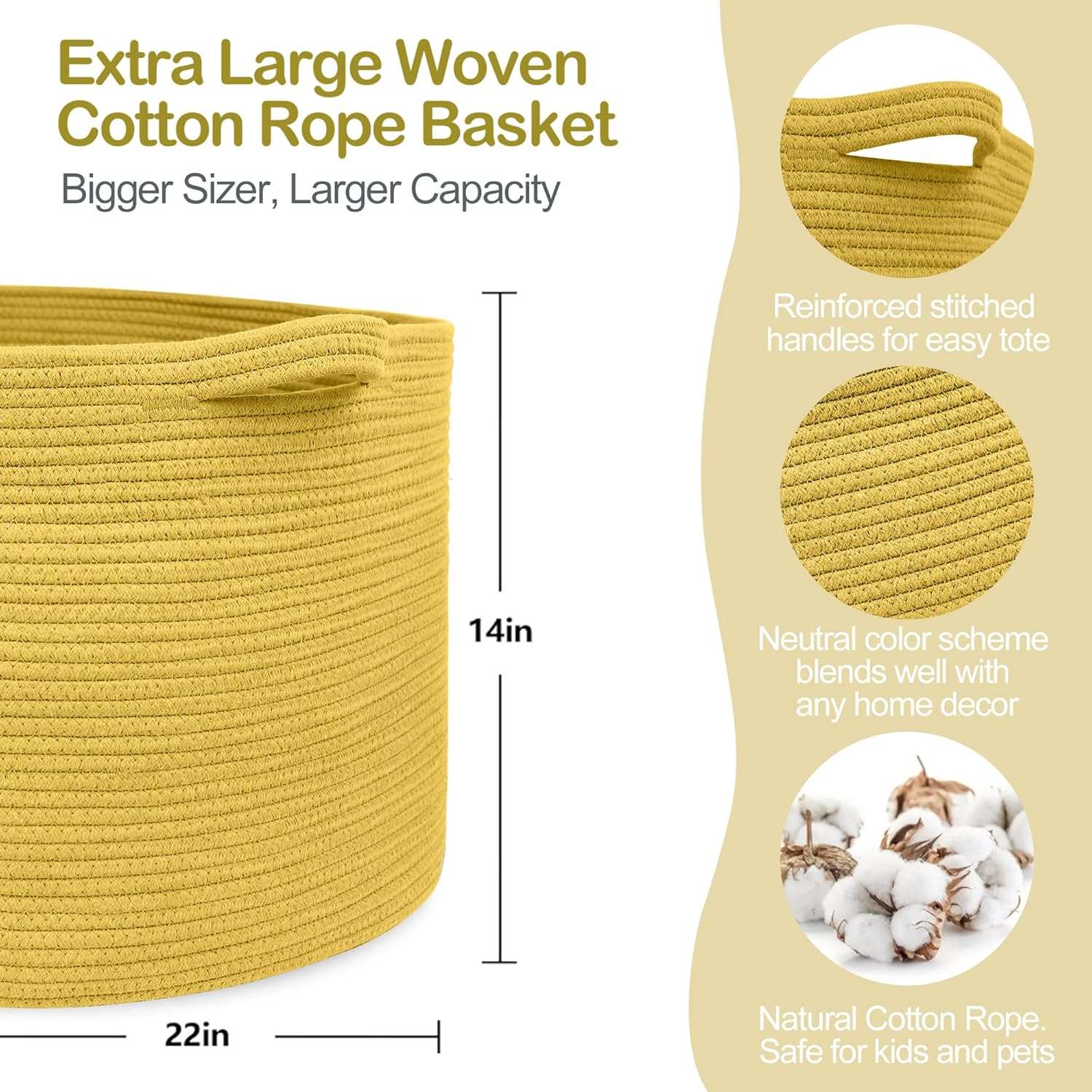 MEGASKET Extra Large Yellow Storage Basket, 22" X 22" X 14" Woven Cotton Rope, for Living Room, Baby Nursery, Toy Organizer, Towels, Room Decor - Brown Variegated image number 5