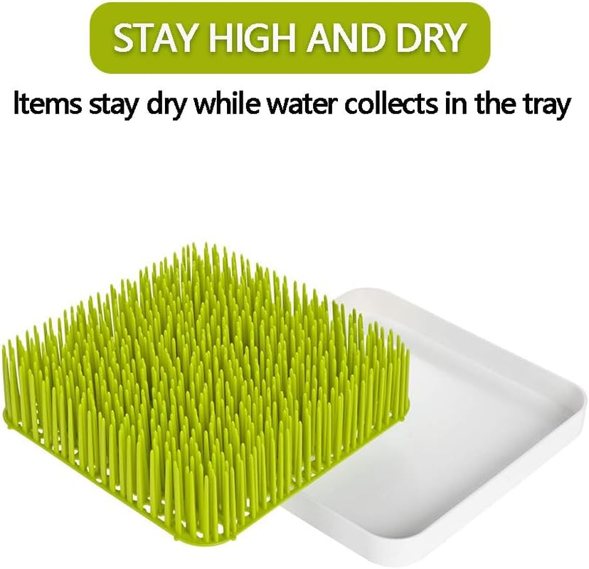 Countertop Drying Rack, Green Plastic Baby Bottle Drying Rack with Drainage Tray, Bottle and Utensil Organizer for Kitchen or Nursery, Baby Feeding Essentials